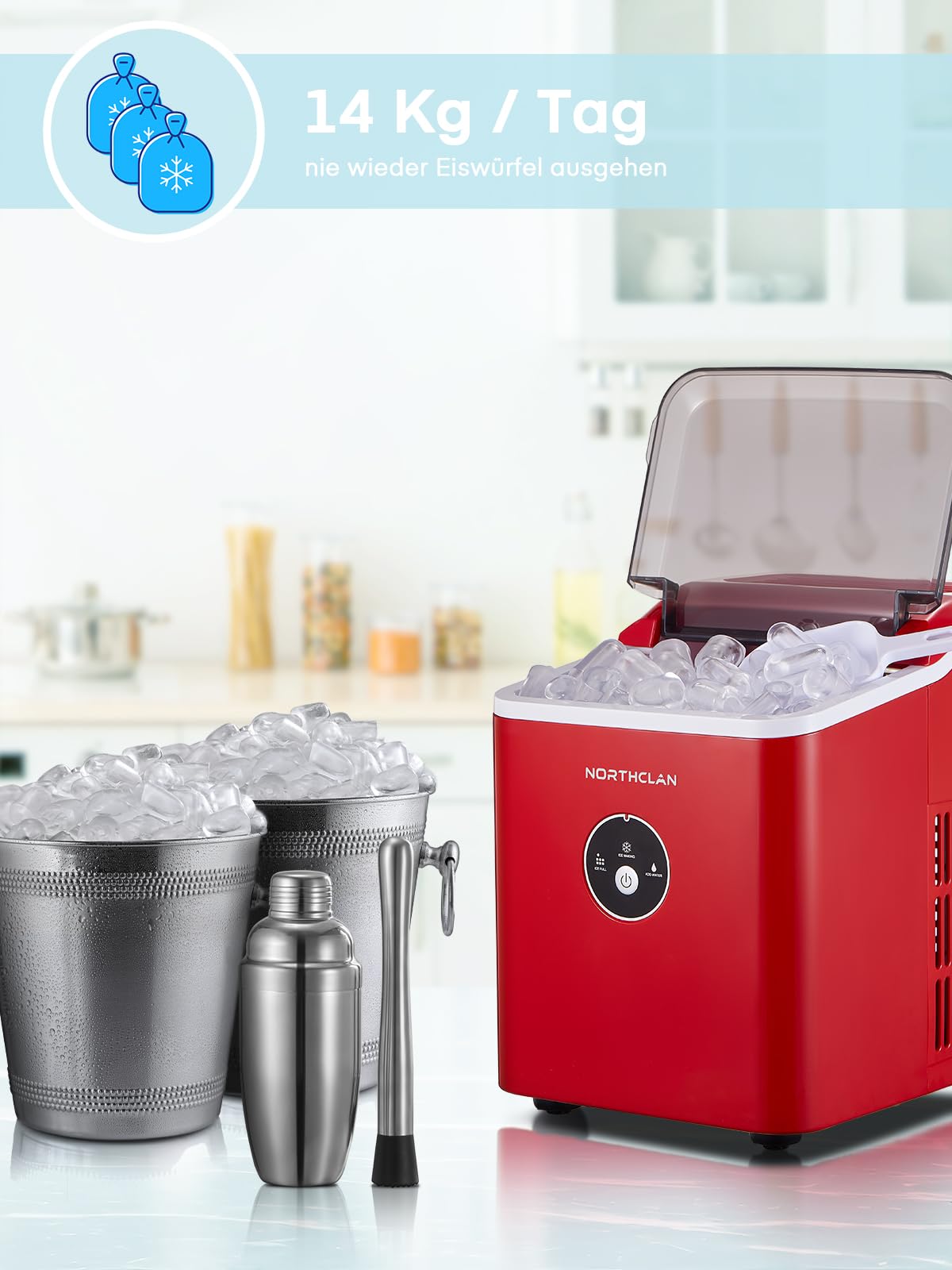 Eiswürfelmaschine Testsieger 2024, 14 kg 24 Stunden, 9 Eiswürfel in 6-8 Minuten, Gerauscharmer Betrieb, 120W Ice Maker mit Schaufel u. Korb, Eiswürfelbereiter für Zuhause, Büro (Rot)