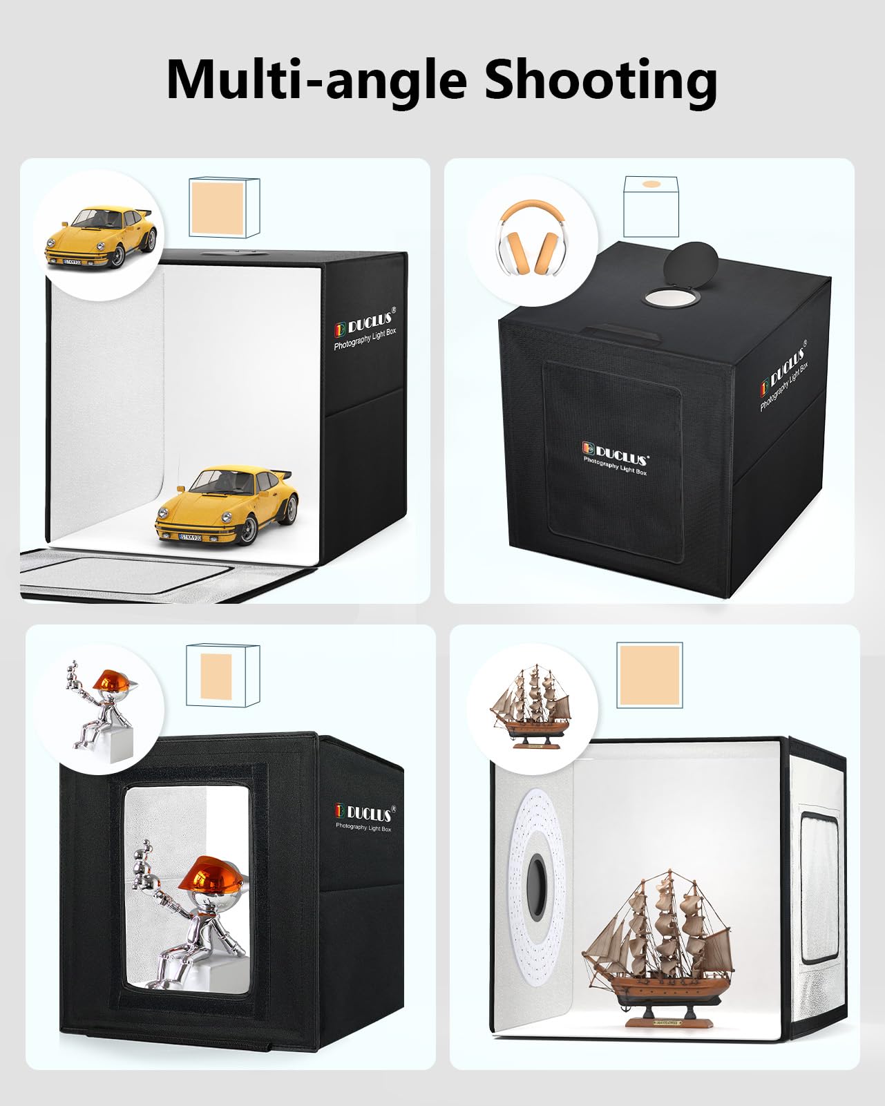 DUCLUS Fotobox zum Produktfotografie, 50x50x50cm Faltbare Fotostudio Set mit 216 LED Beleuchtung und 6 PVC Hintergründe für Schmuck-/Handwerks-/Kleinobjektfotografie