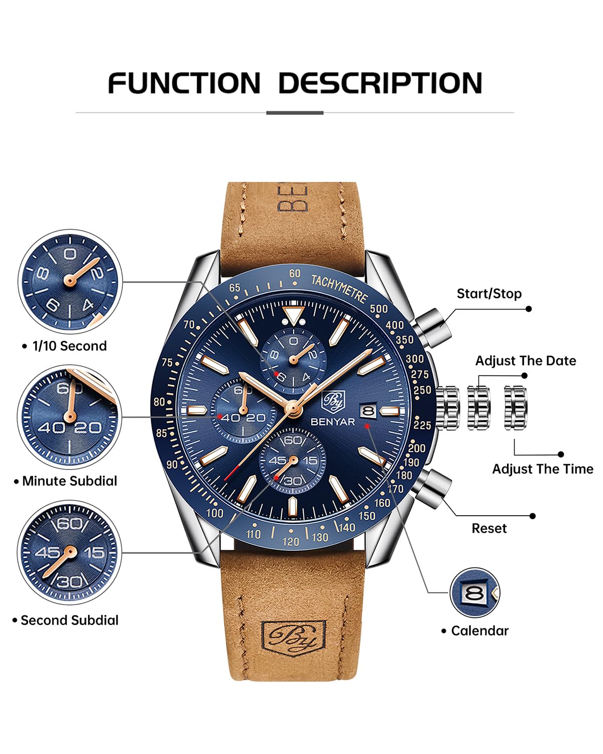 BENYAR Uhren Herren Analog Quarz Chronograph Herrenuhren 30M Wasserdicht Leuchtende Datum Braun Lederband Armbanduhr Lässig Business-Kleid Uhren Elegantes Geschenk fur Männer