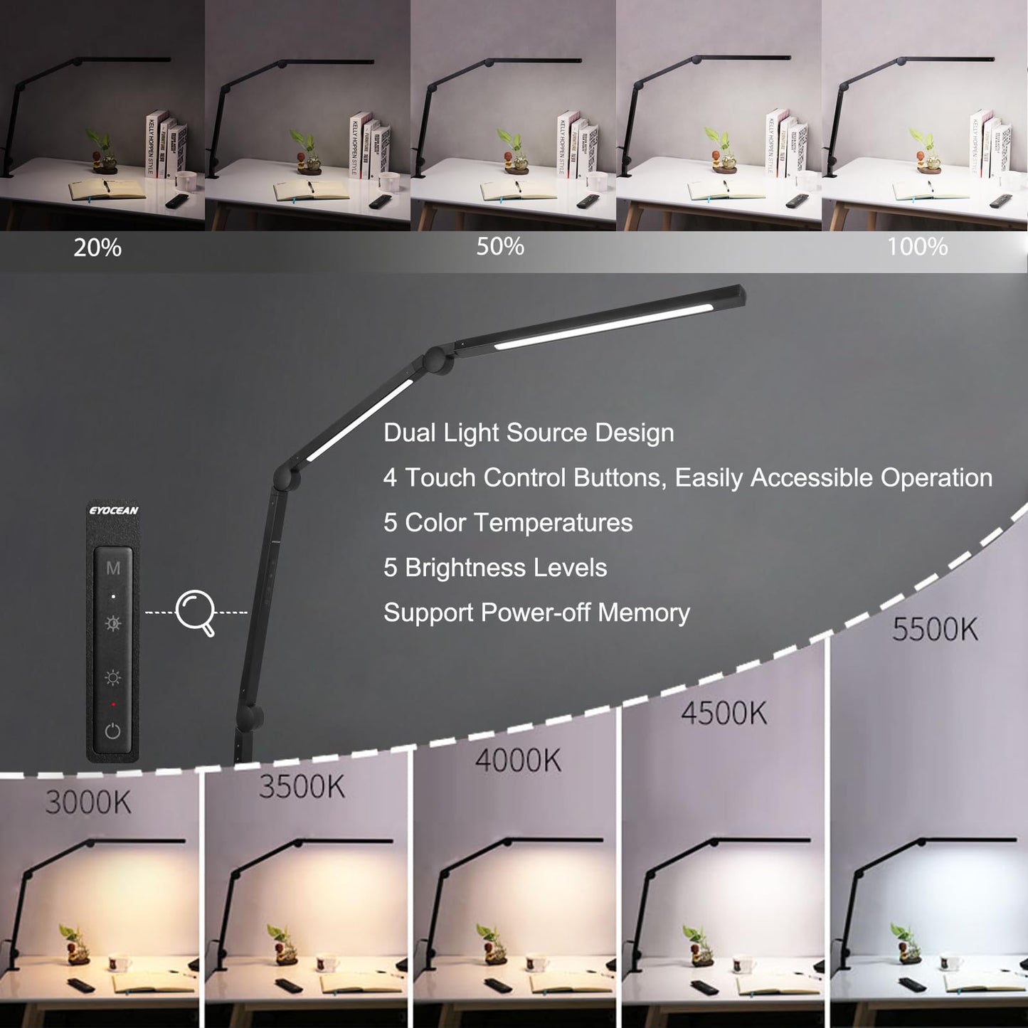Eyocean LED Schreibtischlampe,Schwenkarm Architektenlampe Arbeitsleuchte,Berührungssteuerung Büro Tischlampe, Stufenloses Dimmen einstellbare Farbtemperaturen,Augenschutz, 10W Klemmleuchte,Mattschwarz