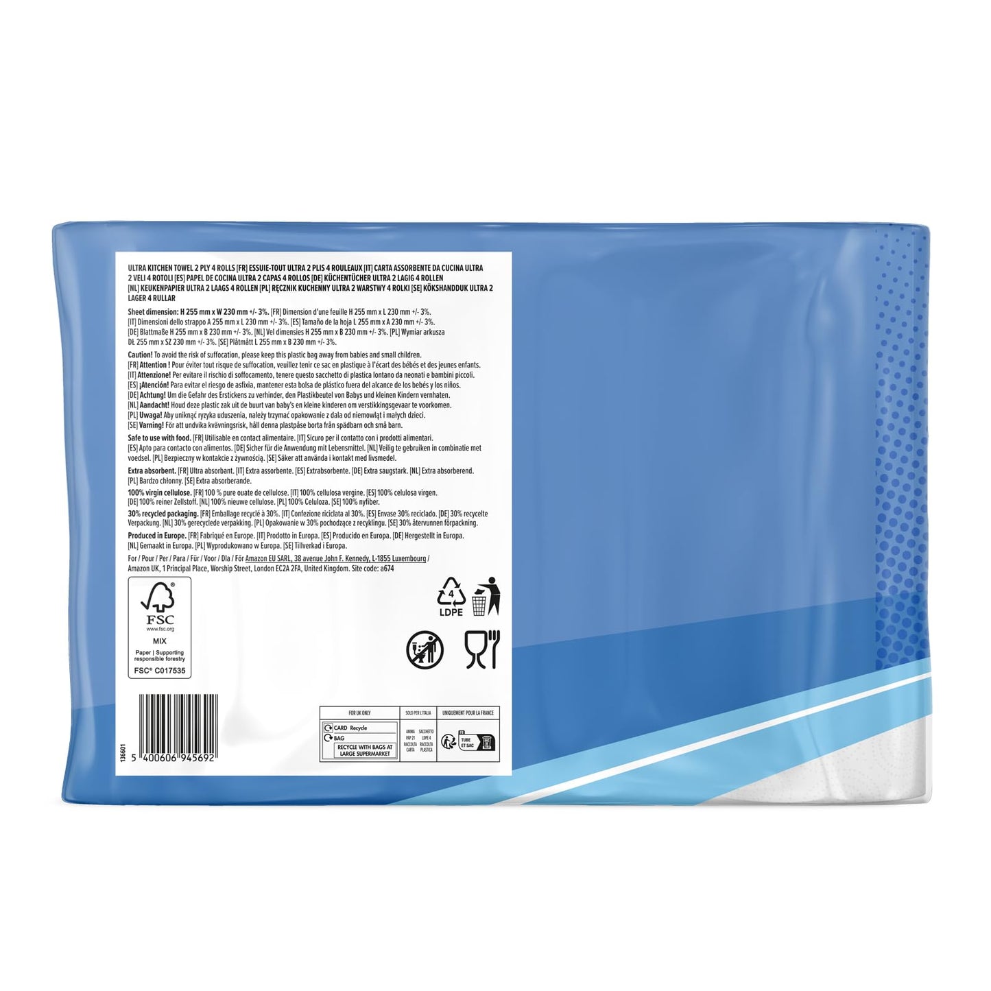 by Amazon ULTRA Küchenrolle, Extra Saugfähig, 4 Rollen (4 Rollen, 1-er Pack), 45 Blätter pro Rolle, Auswringen und Wiederverwenden, FSC-zertifiziert