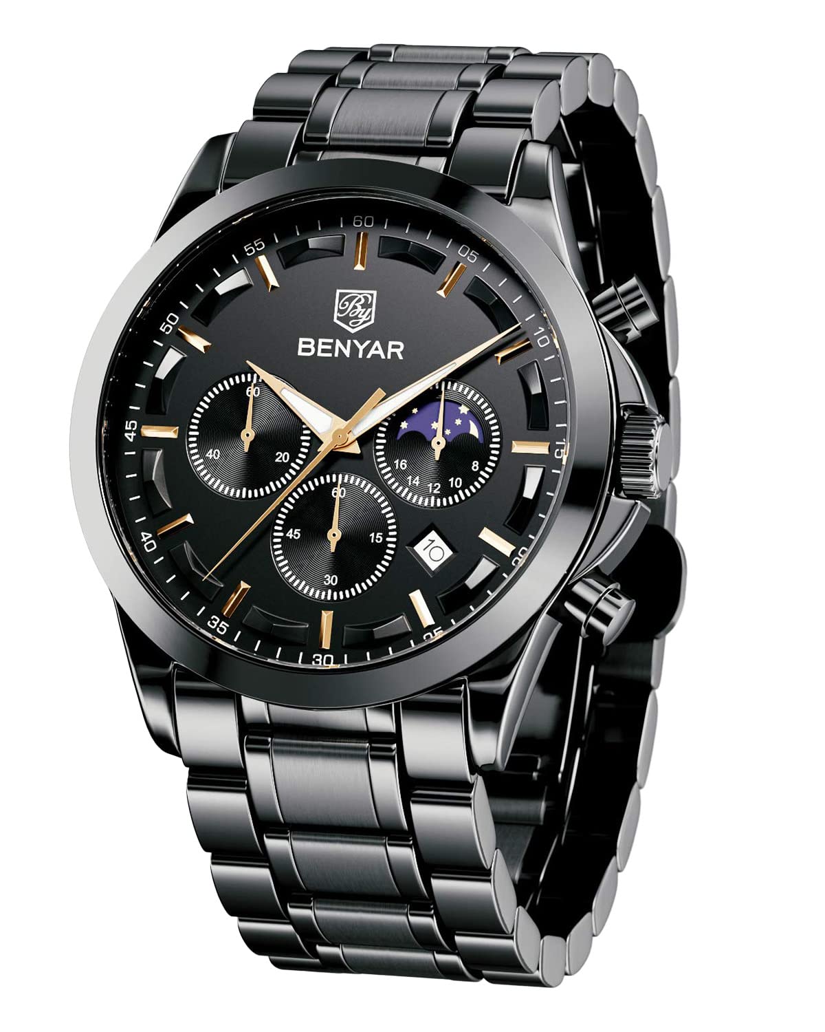 BENYAR Herren Uhr Chronograph Analog Quarz Stilvolle Edelstahlarmband Armbanduhr Wasserdicht Leuchtende Datum Herrenuhren Elegantes Business Uhren Geschenk für Männer
