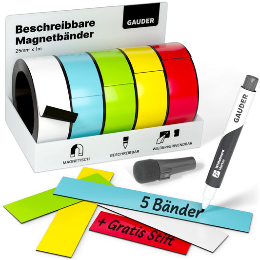 GAUDER 5x Magnetstreifen beschreibbar | Magnetstreifen zum Beschriften | Beschreibbare Magnetstreifen bunt (25 mm x 1 m)