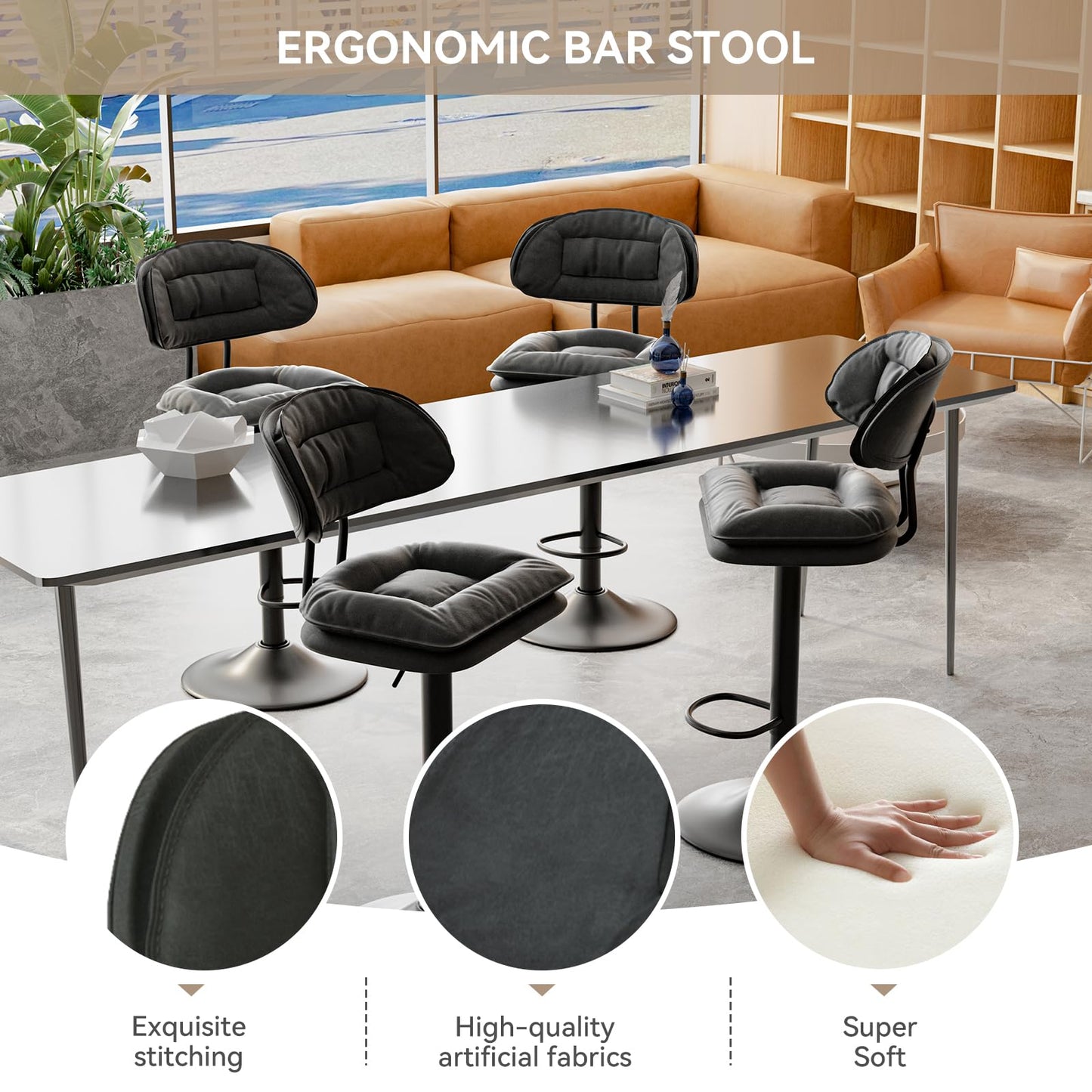 Hawthyhome Barhocker 2er Set, Ergonomische Gepolsterte Barhocker mit Rückenlehne, Verstellbare Doppellagige Barstuhl, für Esszimmer Heimbar Kücheninsel, 2 x Hocker (Dunkelgrau)