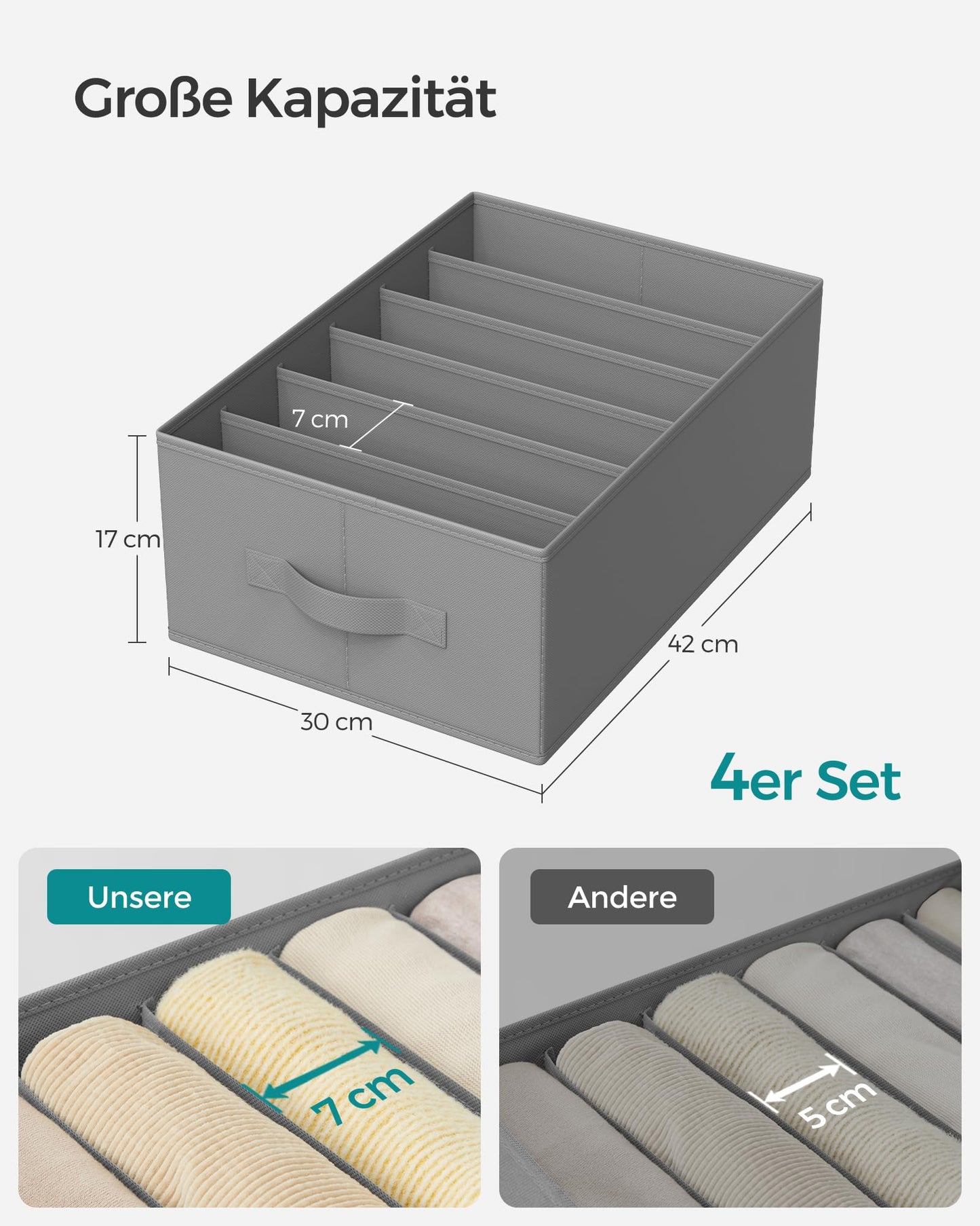 SONGMICS Kleiderschrank-Organizer 4er Set, Aufbewahrungsbox 6 Fächer, Schubladen-Ordnungssystem, Ordnungsboxen faltbar, 42 x 30 x 17 cm, für Hosen, Kleidung, taubengrau RUS009G04