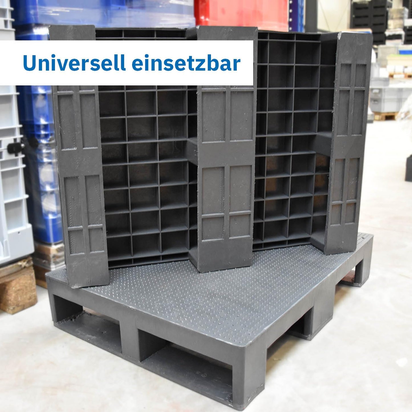 Kunststoff Halbpalette 80 x 60 im halben Europaletten-Maß | bis 2.500 kg statische Traglast | 3 Kufen | 800 x 600 mm | schwarz | ohne Holz (1, Anti-Rutsch-Oberfläche, schwarz)
