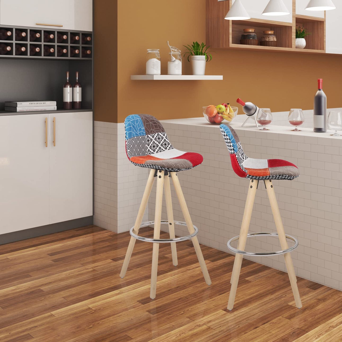 WOLTU Barhocker 2er Set Barstuhl aus Leinen Holzgestell mit Lehne + Fußstütze Design Stuhl Küchenstuhl optimal Komfort Patchwork Mehrfarbig BH45mf-2