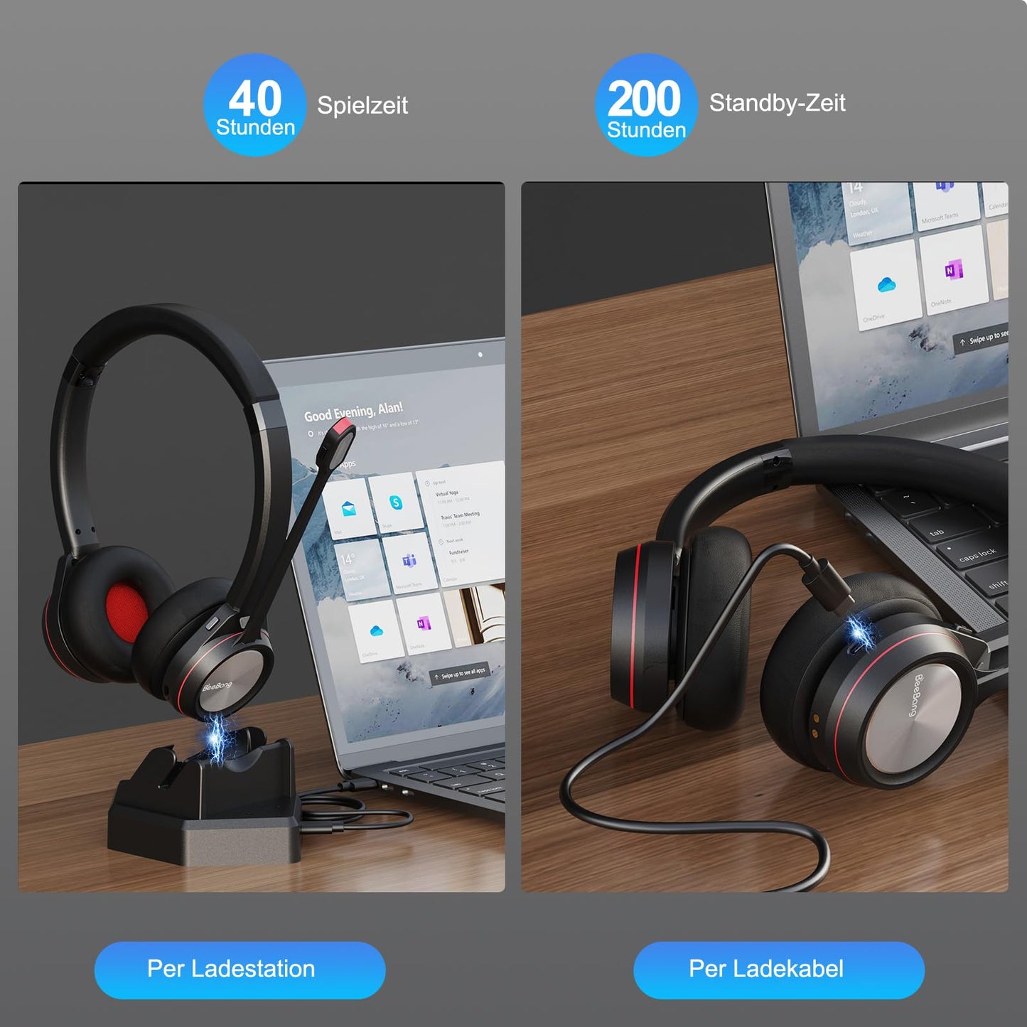 Beebang Bluetooth Headset Schwarz mit Noise-Canceling-Mikrofon, Ladestation und USB-Dongle, 40 Stunden Sprechzeit für PC, Mac und Teams