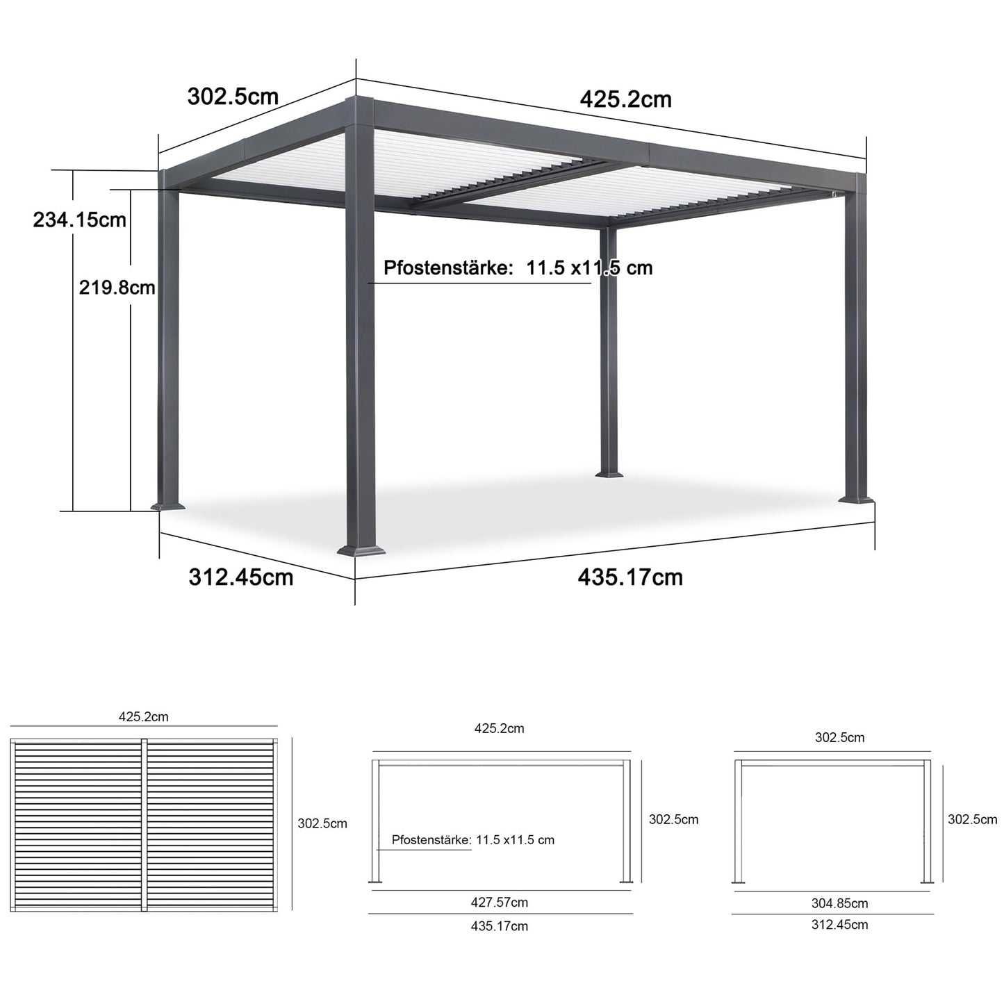 PURPLE LEAF Pavillon 3 x 4.2 m Wasserdicht Stabil Pergola mit Lamellendach Alu Terrassenüberdachung Hardtop Pavillon mit Moskitonetze und Vorhänge, Grauer Rahmen und Weißes Dach