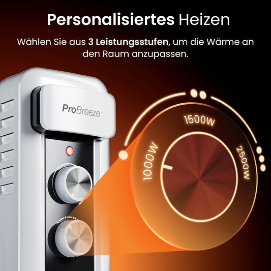 Pro Breeze 2500W Ölradiator mit 11 Heizrippen, Elektrischer Heizkörper, 24h Timer, Ölradiator energiesparend, 3 Heizstufen, Einstellbares Thermostat & Sicherheitsabschaltfunktion