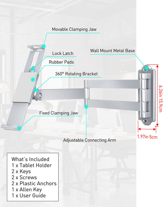 AboveTEK Tablet Wandhalterung iPad Ständer für 7-11Zoll Tablets/iPad/Galaxy Tab/Slate/Fire Tablet Halterung mit Anti-Diebstahl-Sicherheitsschloss und -Schlüssel Silber