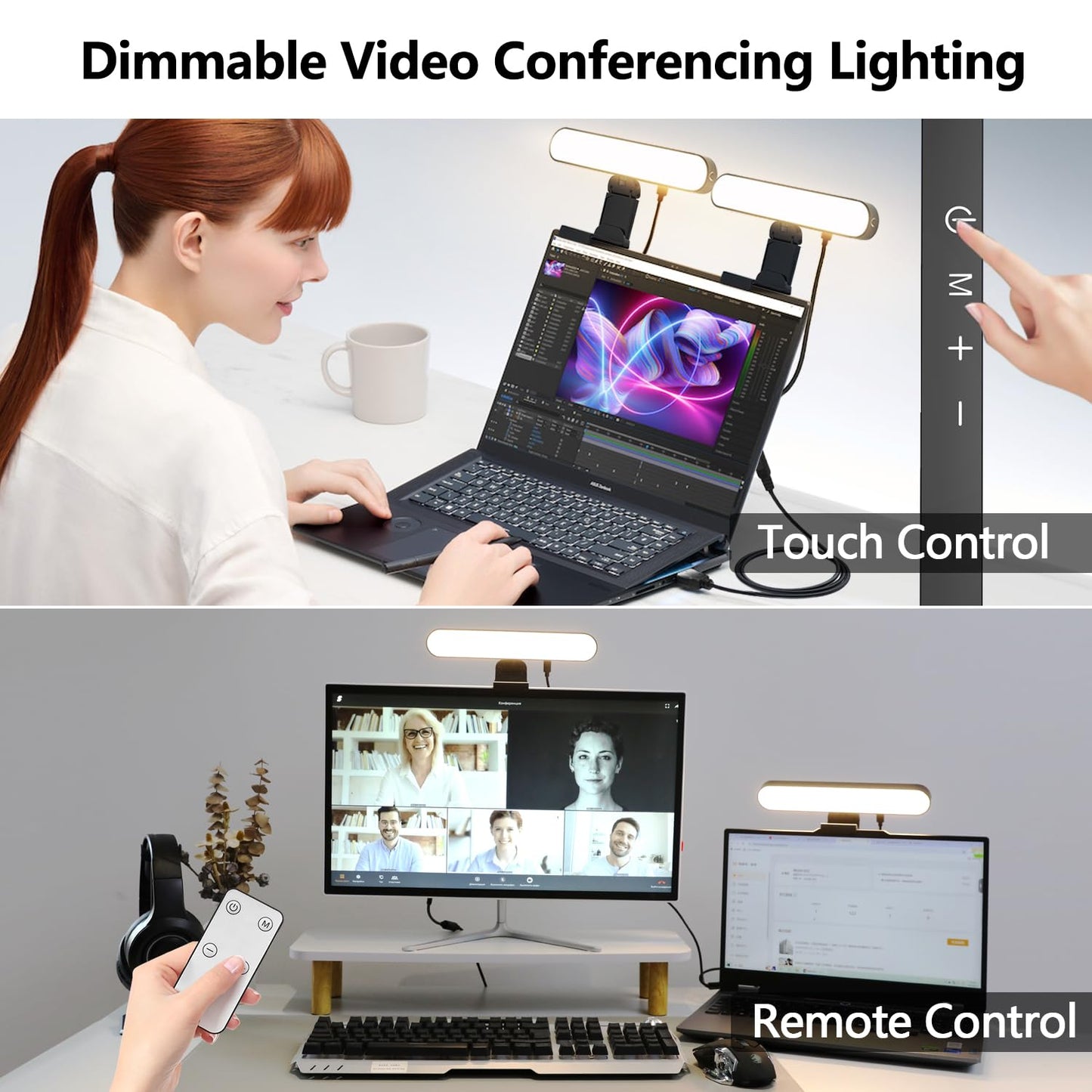 yAyusi Videokonferenzbeleuchtung mit Zwei Lampen, Webcam-Licht mit Fernbedienung und Touch-Steuerung, Zoom-Beleuchtung für Computer, LED-Monitor-Laptop-Licht für Streaming/Videoanrufe/Zoom-Meetings