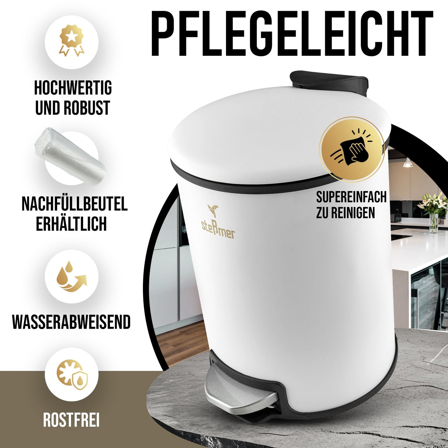 STESSMER Bad Mülleimer [5L] Geruchsdichter kleiner Kosmetikmülleimer fürs Badezimmer | Kosmetik-Badmülleimer, Abfalleimer, Kosmetikeimer, Badeimer, Treteimer, Trash Can | Edelstahl, Schwarz matt