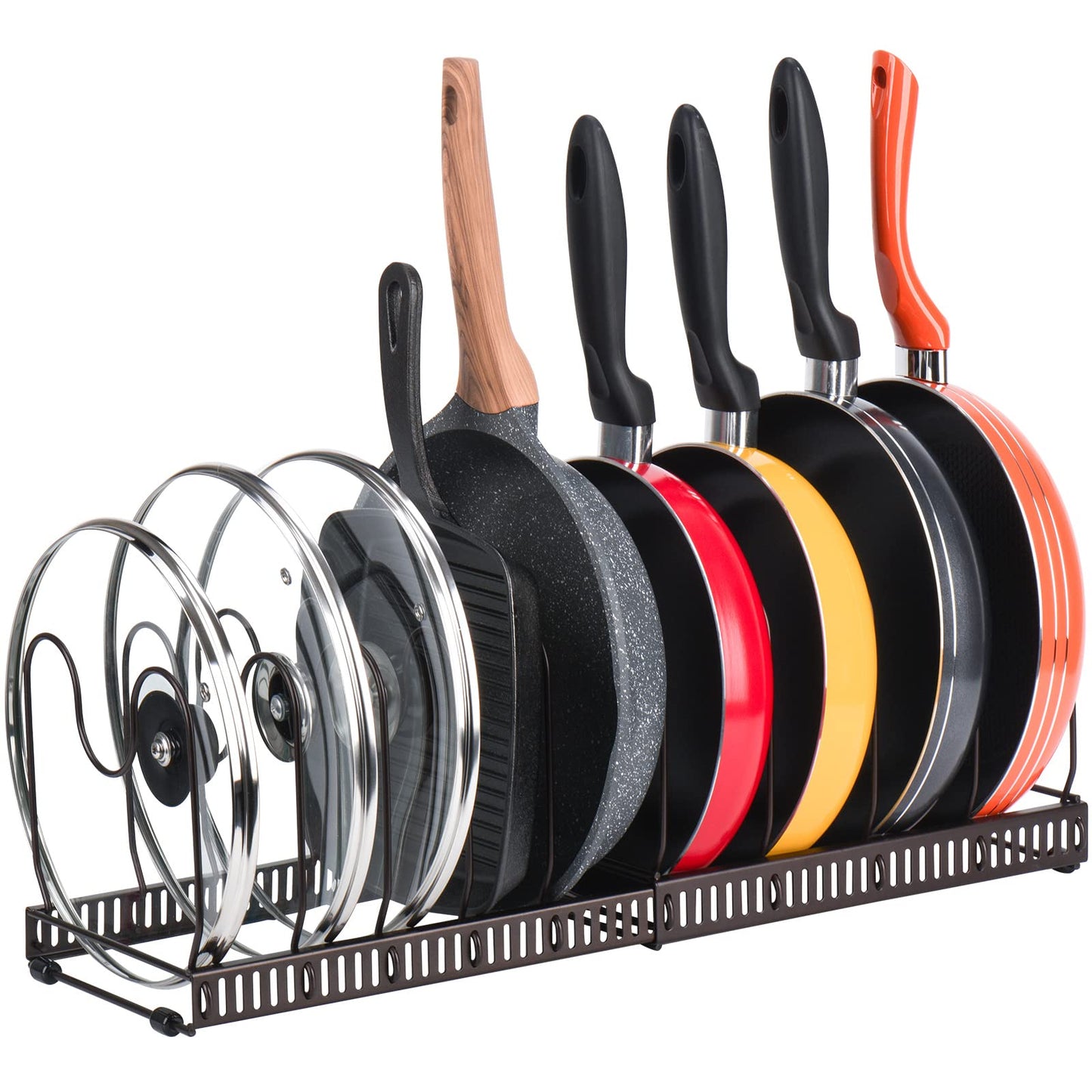 Toplife Verstellbarer Topfhalter, Aufbewahrung, Deckel, Topf mit 10 Fächern, Halterung aus Metall, Aufbewahrung für Küche, für Deckel, Pfannen, Organizer für Töpfe – Braun