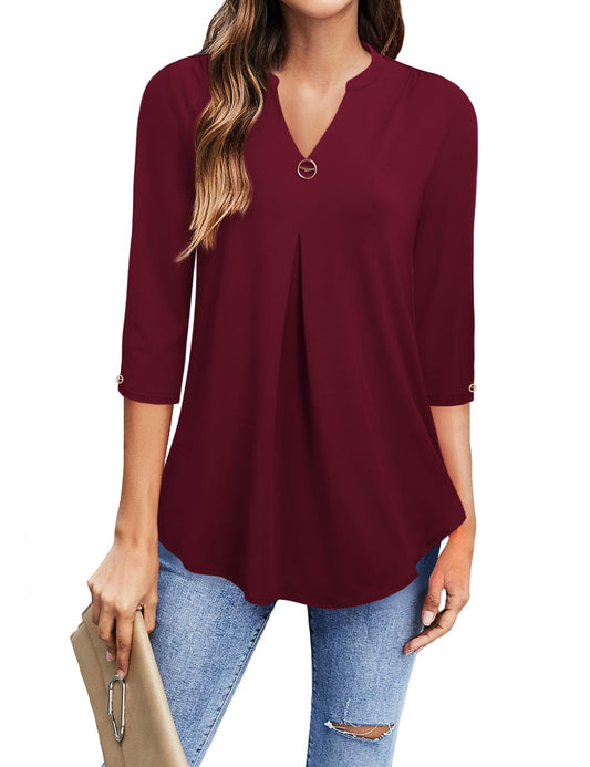 Gaharu Abendblusen Damen Festlich Elegant Arbeitsbluse Rot Oberteile Frauen Shirt V-Ausschnitt Langarm Longshirt Lässig Blusen & Tuniken für Damen 3/4 Arm Burgundy Bluse mit Stretch Weinrot,XXXL