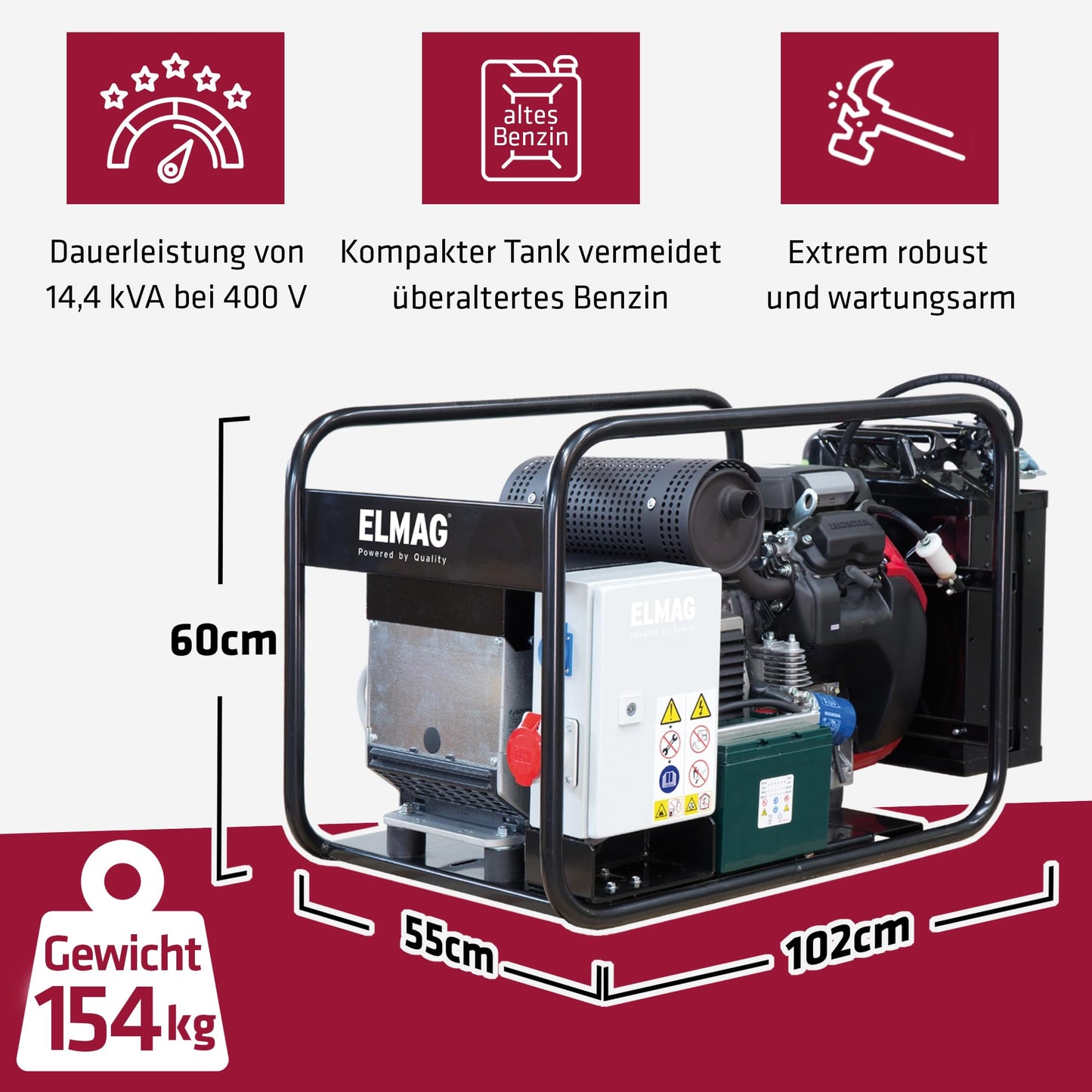 ELMAG SEB 16000WDE-AVR Benzin Stromerzeuger – Notstromaggregat mit 4-Takt-Motor luftgekühlt, 15 kW & 20 l Tank – 1x 230 V Schuko & 1x 400 V CEE – Stromgenerator mit AVR, Handstart & Überlastschutz