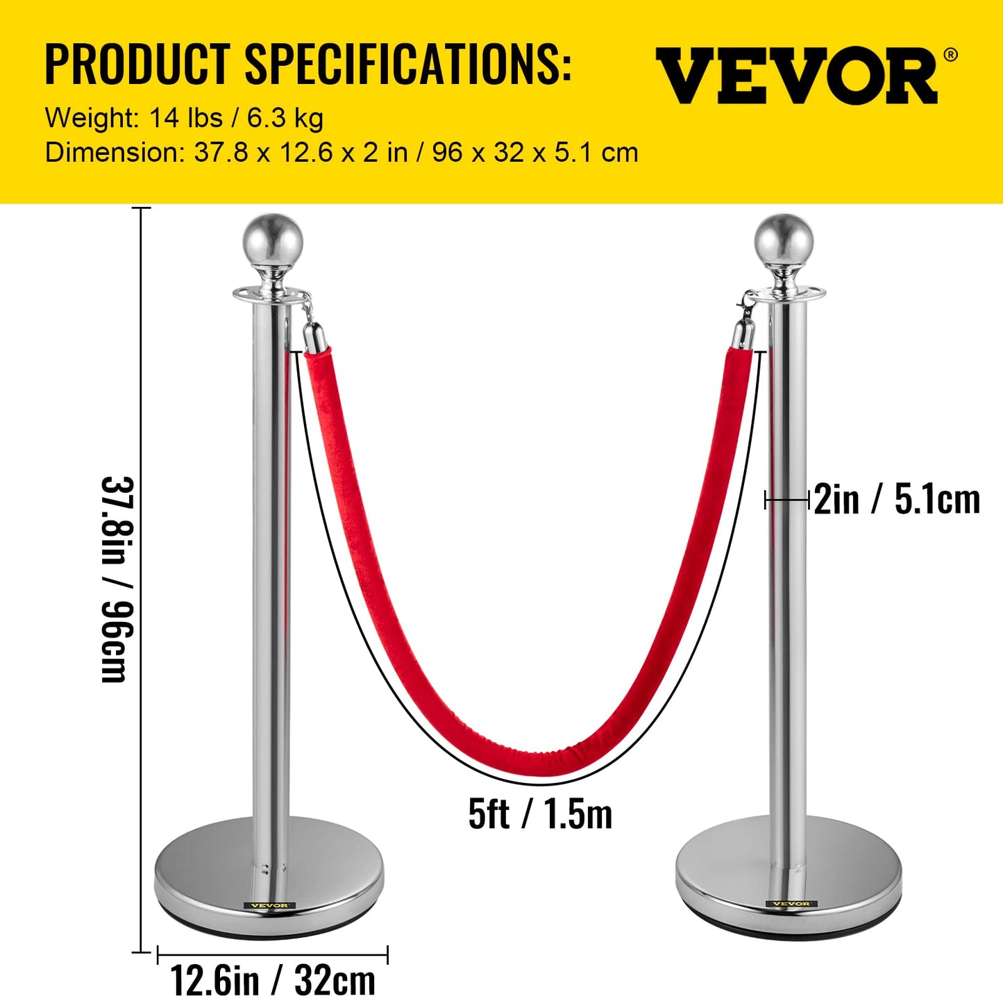 VEVOR Edelstahl Absperrpfosten Seil Abgrenzungsständer Kugelkopf 3 Rote Samtseile Silberne Säule 4 Packung Crowd Control Barriers