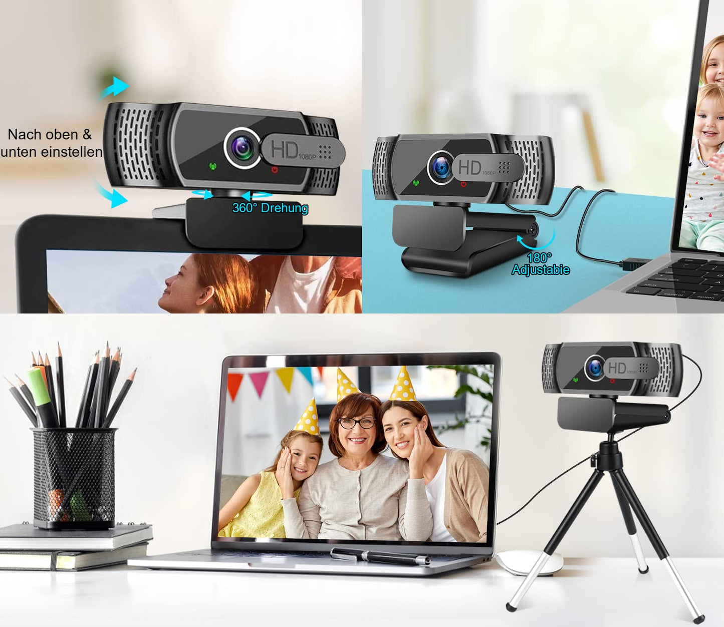 Full HD1080P Webcam mit Mikrofon, Automatischer Lichtkorrektur, Neefeaer USB mit Abdeckung Stativ,110° Weitwinkel, Kamera für PC, Laptop, Computer, Linux, Mac