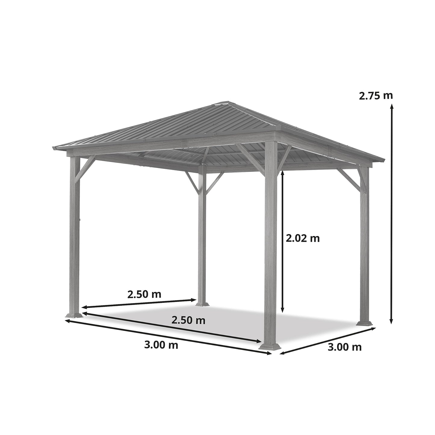 TOOLPORT Gartenpavillon 3x3 m Holzoptik, Stahldach Hardtop 4 Seitenteile in grau