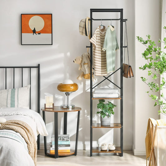 IBUYKE Garderobenständer, Kleiderständer mit 3 Ablagen und 8 Haken, Freistehende Garderobe, Industrie-Stil, für Schals, Taschen, Regenschirme und Boxen, Vintagebraun-schwarz TMJ088H