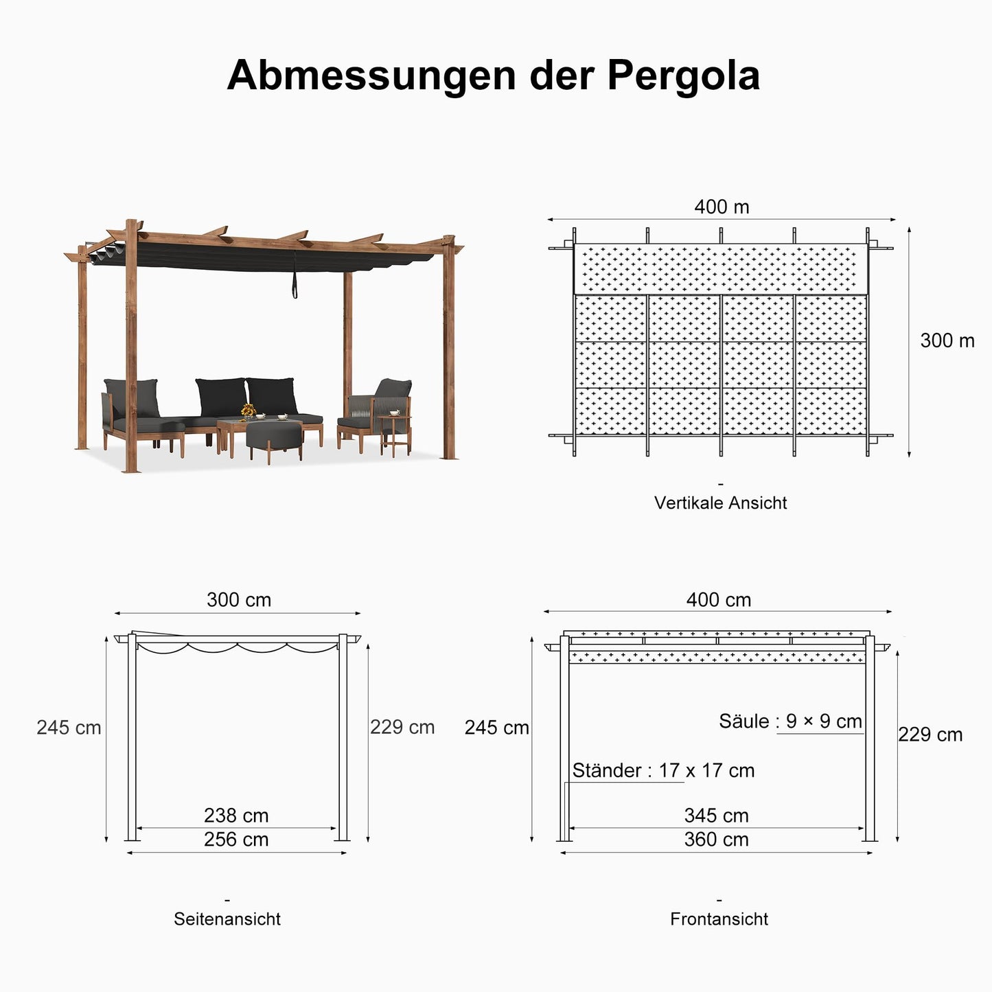 PURPLE LEAF Pergola 3 x 4 m Holzoptik Terrassenüberdachung Rostfreier Aluminium Pavillon mit Einziehbarem Dach Freistehend mit Markisenschutz, Grau