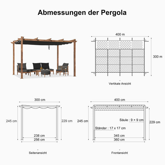 PURPLE LEAF Pergola 3 x 4 m Holzoptik Terrassenüberdachung Rostfreier Aluminium Pavillon mit Einziehbarem Dach Freistehend mit Markisenschutz, Grau