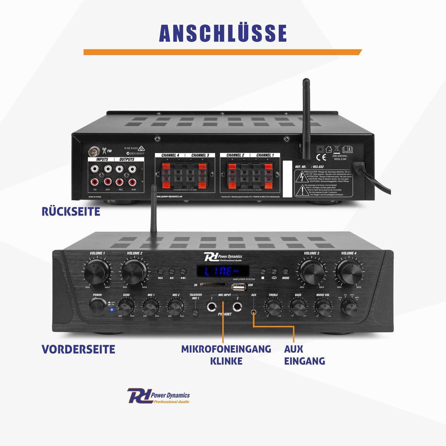 Power Dynamics PV240BT - 4 Kanal Stereo Verstärker Bluetooth, 400 Watt Amplifier Hifi Receiver, Fernbedienung, FM Radio, USB, SD, MP3, 2x Mikrofon Anschlüsse mit Echo, Talkover Funktion - Schwarz