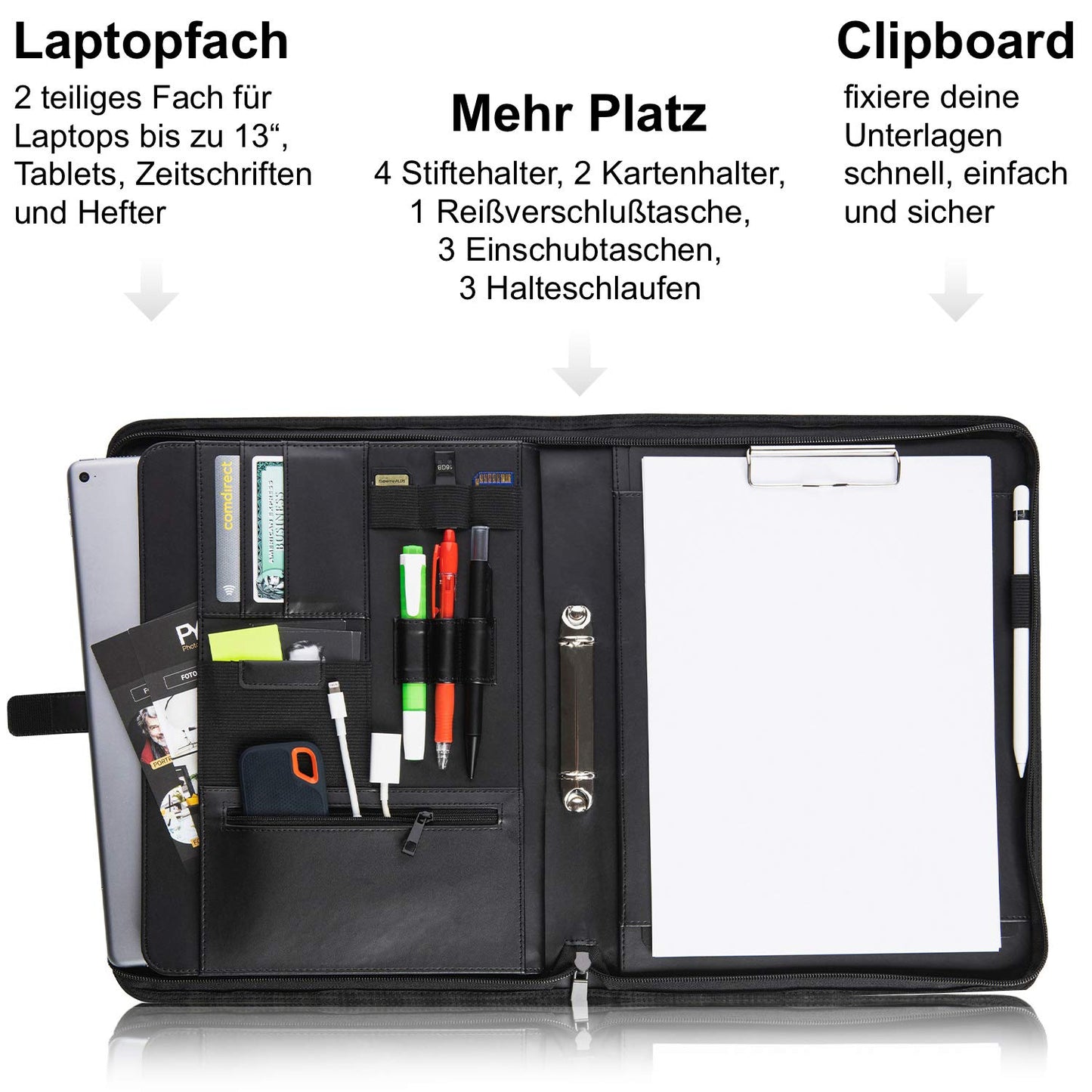 Vebon® Schreibmappe Ringbuch A4"Paris" I Reißverschluss + Klemmbrett I Dokumentenmappe + Laptoptasche I extra Stauraum I Kunstleder I Schwarz