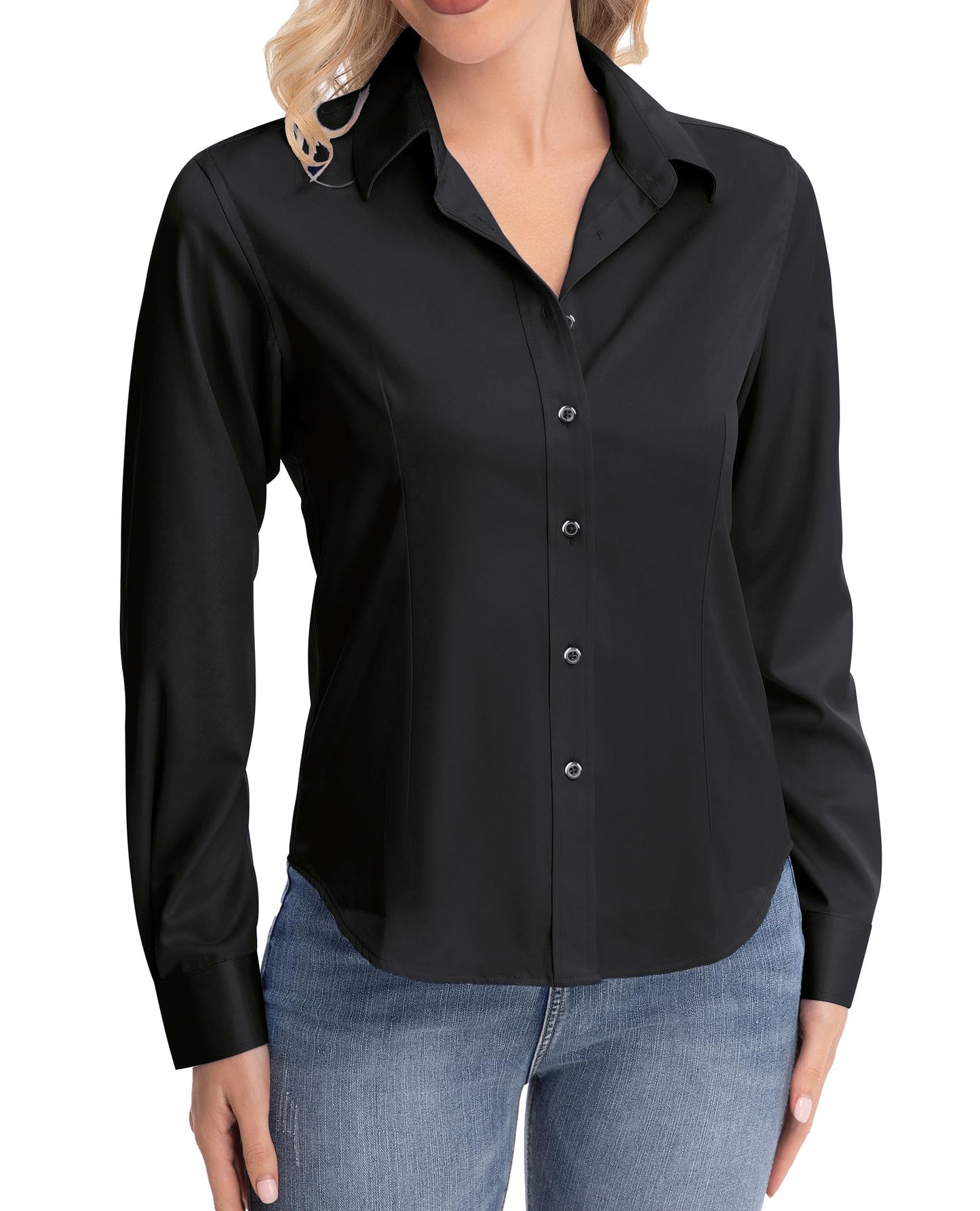 J.VER Bluse Damen Casual Business Bluse Damen Button Down Shirts Klassische Langarm Kragen Tops Bügelleichtes Modern Oberteil,Schwarz,3XL