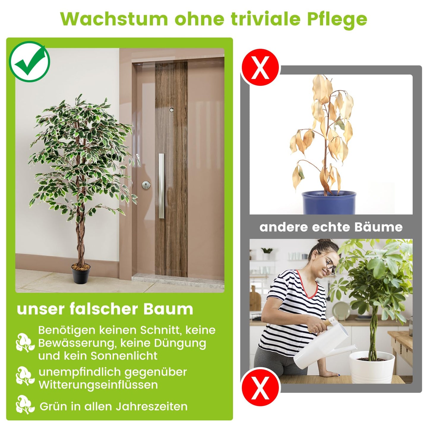 COSTWAY 160 cm Kunstpflanze grün, Künstliche Pflanze Ficus Benjamin, Dekopflanze mit natürlichem Holzstamm & Blättern, Zimmerpflanze Deko, Kunstbaum Innendekoration, für Zuhause Garten Büro