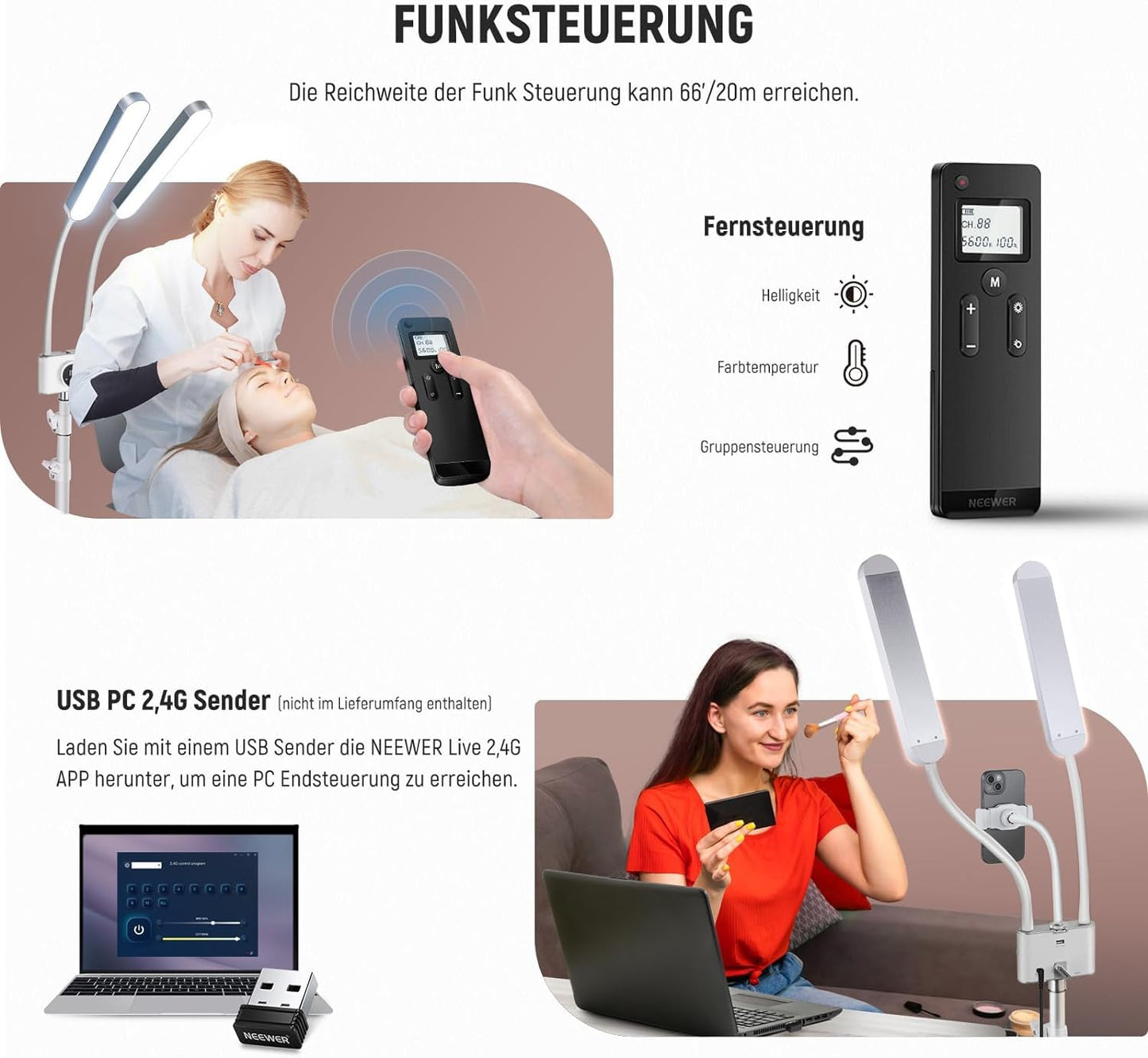 NEEWER LED Kosmetik Licht mit Handyhalter und Taschenset, Videolicht mit 2,4G/PC/MAC Steuerung, Streaming Light mit CRI98+ stufenlos dimmbare Make up Augenbrauen Tattoo Wimpern leuchte, BH40B
