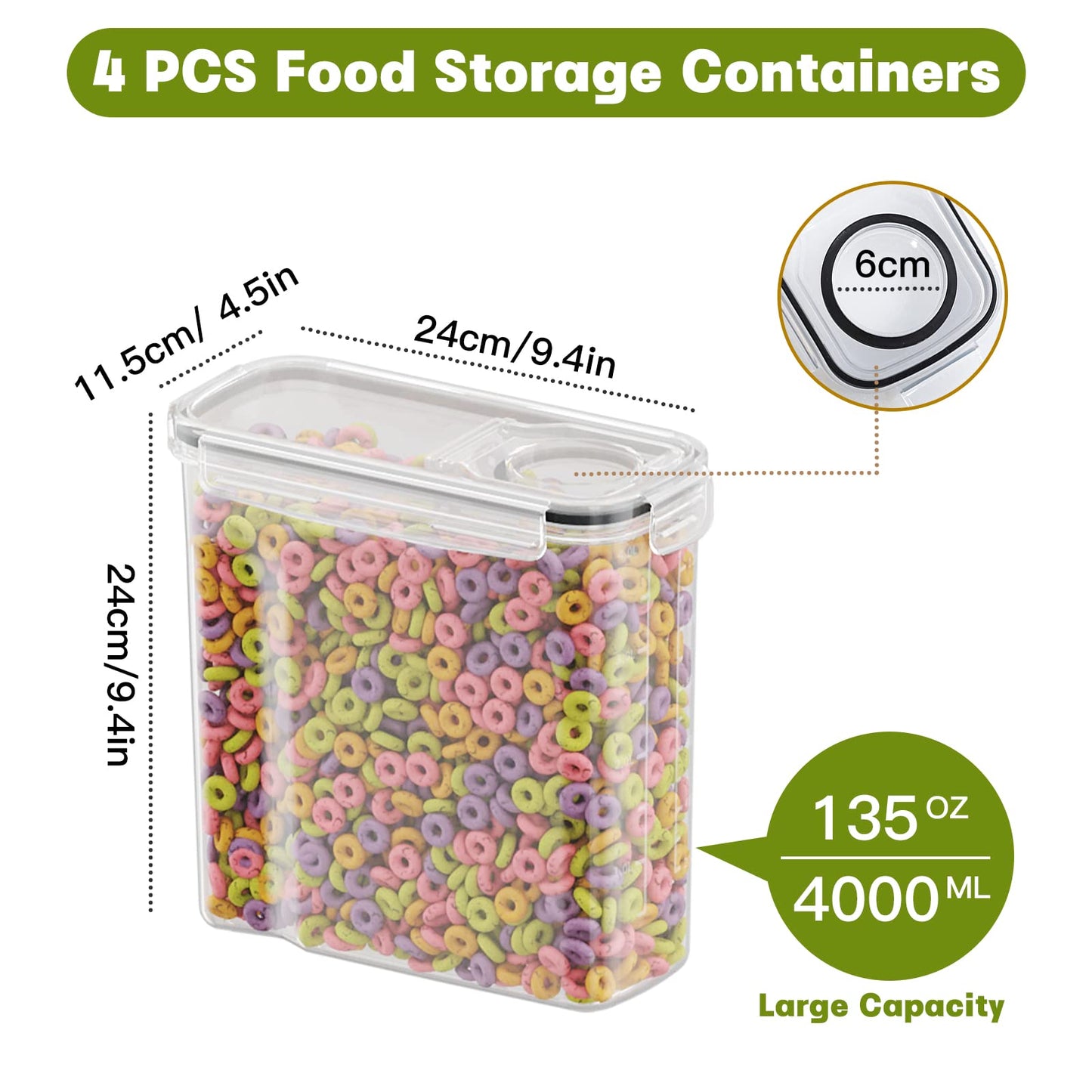 Withosent 4L Vorratsdosen Luftdicht 4er Set, Aufbewahrungsbox Küche mit Deckel aus Plastik, Vorratsbehälter Müslidose für Getreide, Mehl, Müsli