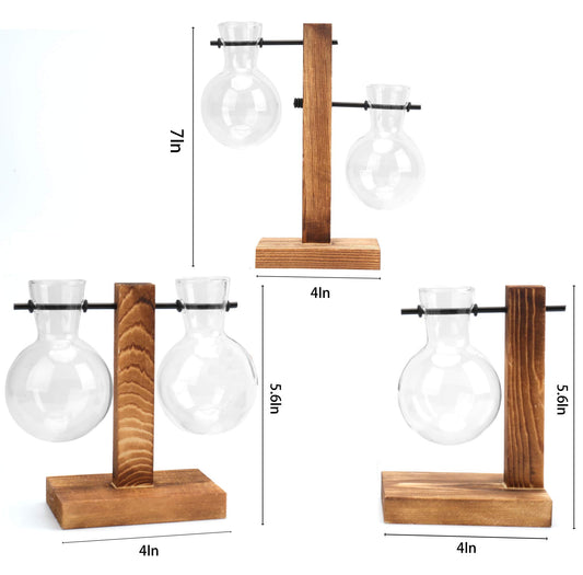 WUWEOT 3 Stück Hydroponik Glasvase mit Holz Halter Hängevase Blumenvase Tischvase Dekovase Birne Vintage Avocado Vase mit Holzständer Dekoration für Zuhause Garten Büro Schreibtisch