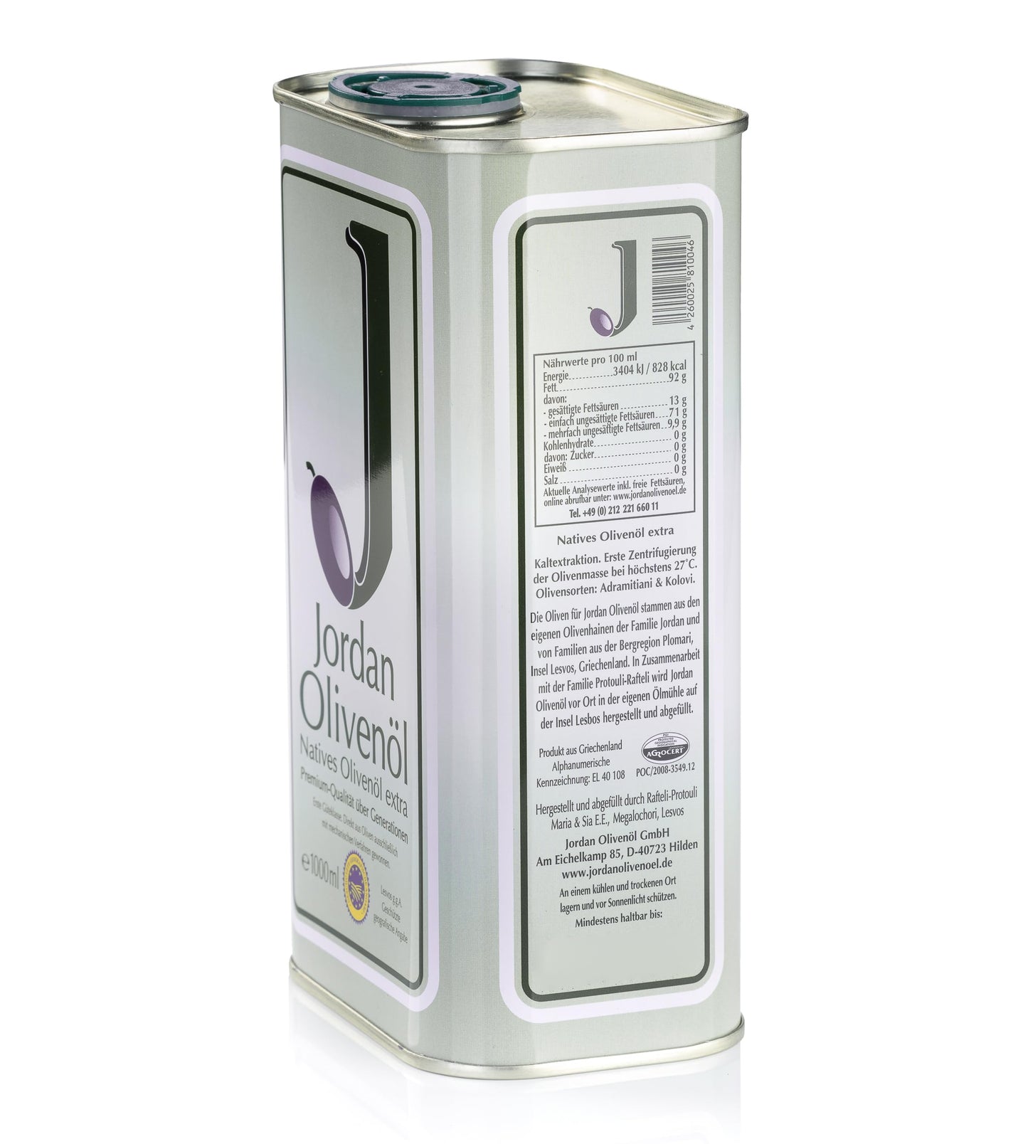 Jordan Olivenöl | Natives Olivenöl Extra [1 Liter - Kanister] - von der griechischen Insel Lesbos | traditionelle Handernte | Kaltextraktion am Tag der Ernte | Kanister im Retro-Design mit Ausgießer