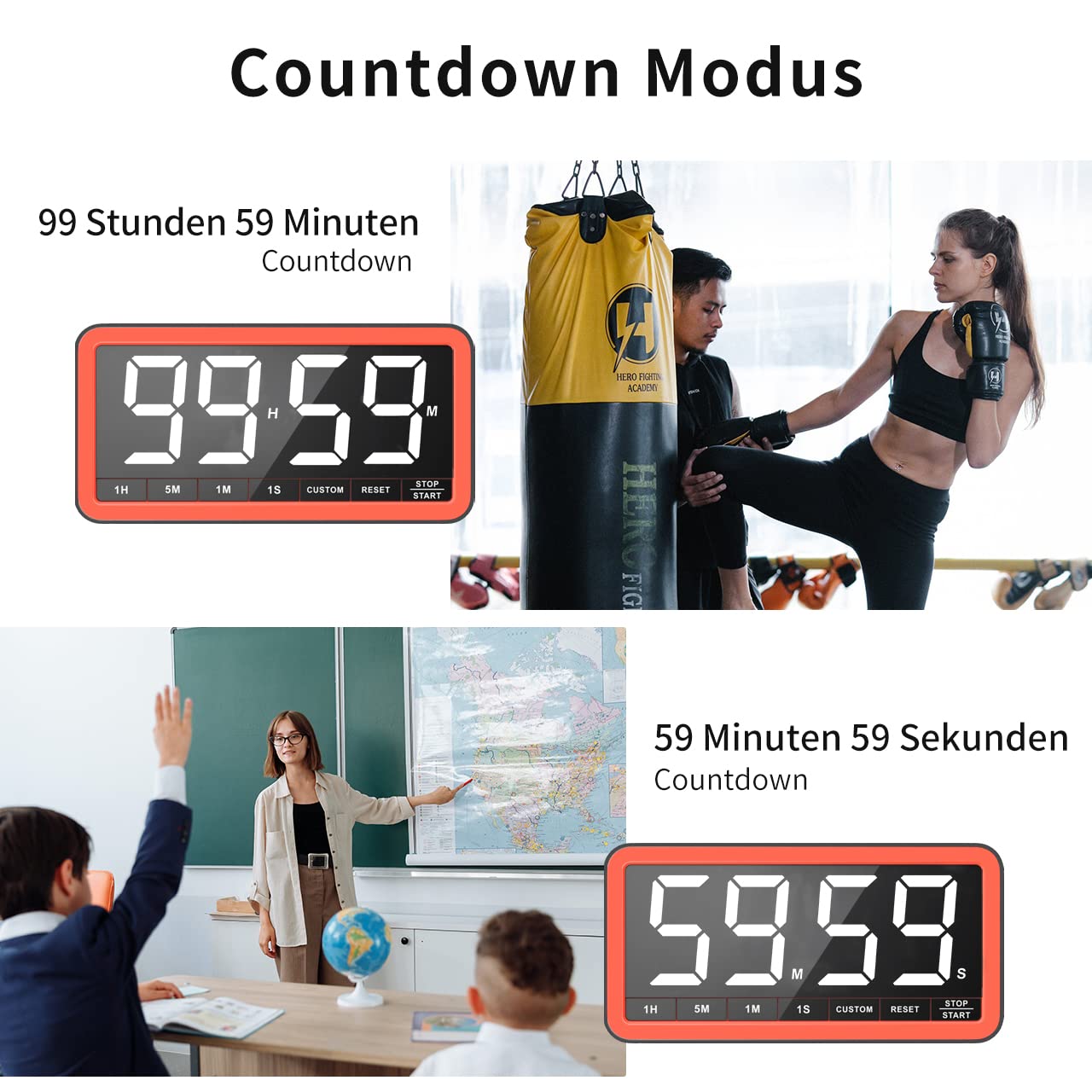 VOCOO Extra große Digitale Zeitschaltuhr: 19,8 cm LED-Bildschirm, starker Magnet, 3 Helligkeit, 4 Alarmtöne, 4 Lautstärken, Countdown Timer für Küche, Klassenzimmer, Fitnessstudio (Schwarz+Orange)