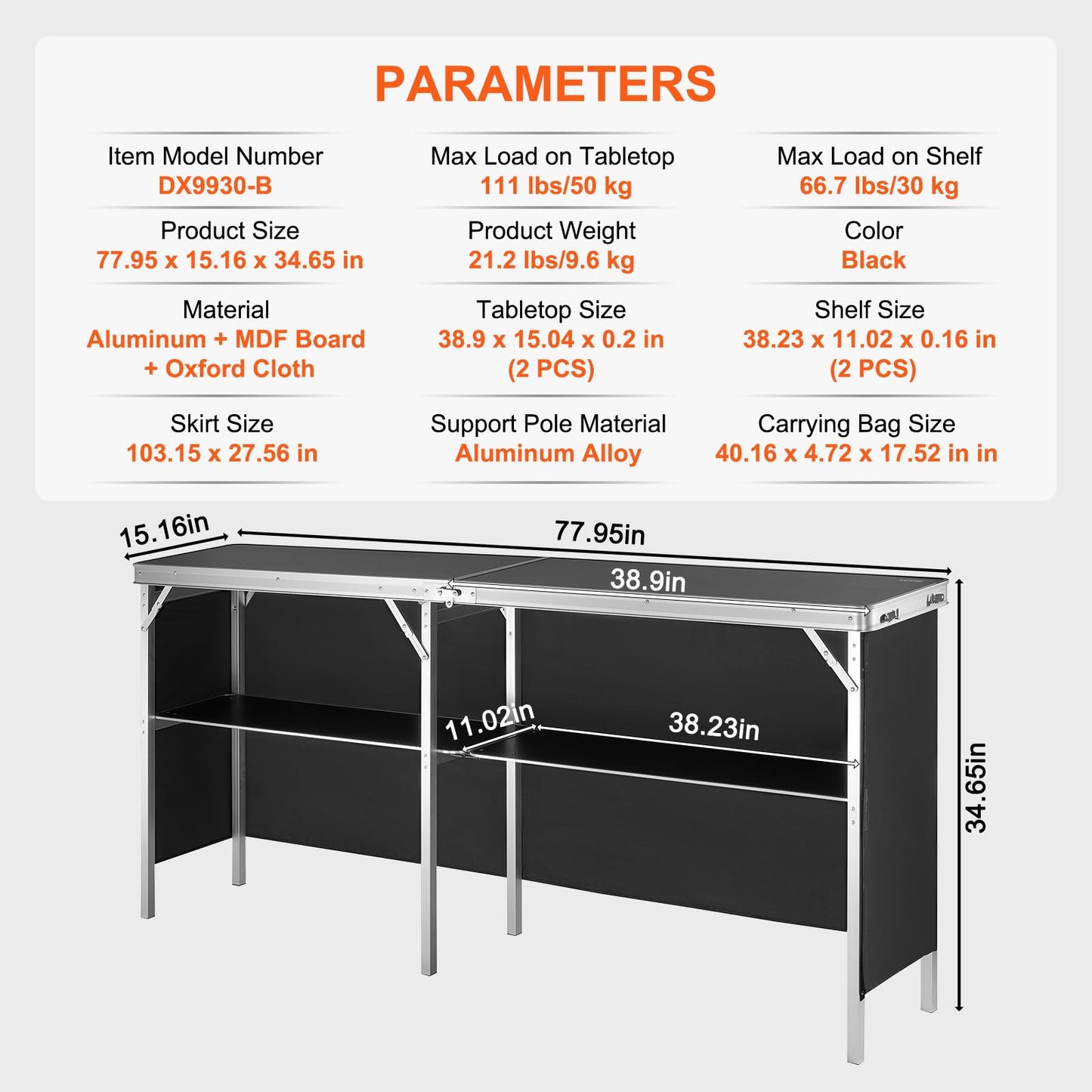 VEVOR Tragbare Messetheke Messetresen, 1980 x 385 x 880 m Messestand Ausstellungs-Thekenständer, Faltbarer Promotion-Bartisch Promotiontheke, Rezeptio mit Aufbewahrungsregal, Tragetasche, Schwarz