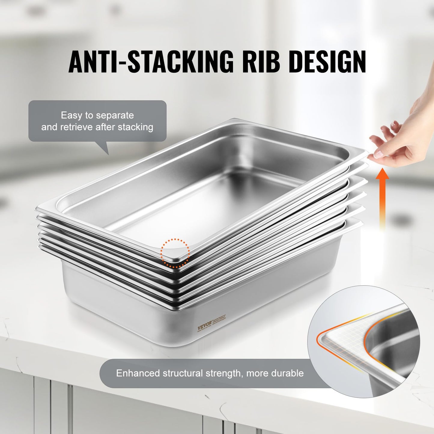 VEVOR Gastronormbehälter, Edelstahl Behälter 6 Stück, 530 x 326 x 107 mm Speisebehälter, kommerzieller Dampfpfanne Warmhaltebehälter 13,9 L Tiefe, Hotelpfanne Tisch Food Pan Buffet Catering