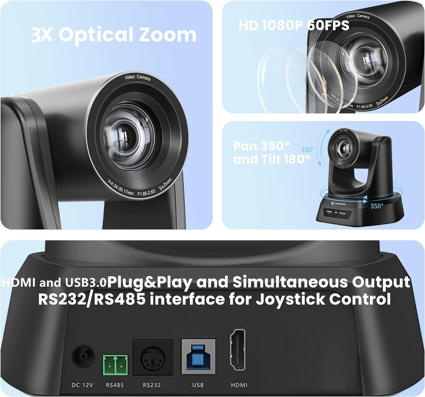 TONGVEO Konferenzraum-Kamera-System mit Bluetooth-Mikrofon, 3X 1080P 60fps USB HDMI PTZ Video-Kamera-Kit für Meeting Ausbildung Kirche funktioniert mit Microsoft Teams, Zoom, OBS, PC(Cam + Mic)