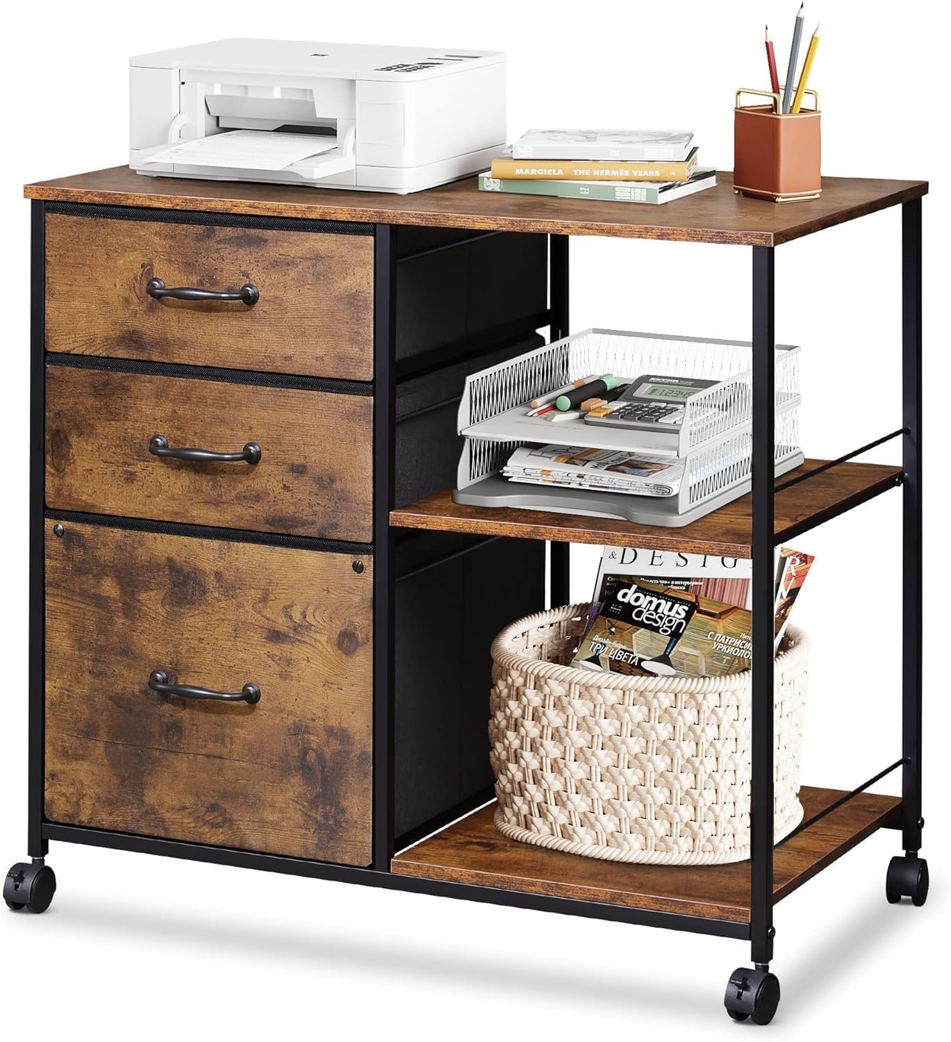 DEVAISE Rollcontainer, Aktenschrank mit 3 Stoffschubladen und 2 Offene Fächer, Büroschrank für Home-Office, Druckerständer, Vintagebraun