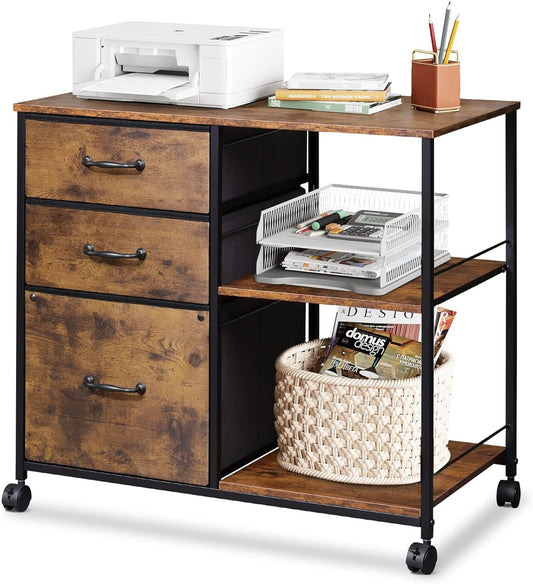DEVAISE Rollcontainer, Aktenschrank mit 3 Stoffschubladen und 2 Offene Fächer, Büroschrank für Home-Office, Druckerständer, Vintagebraun