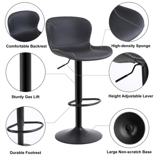 Youhauchair Barhocker 2er Set, Barhocker Höhenverstellbar aus PU-Leder, wasserdicht und verschleißfest, Barhocker mit Lehne, Drehbarer bar Stool, modern, Schwarz