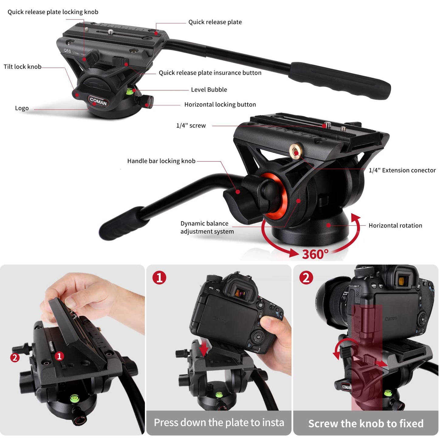 COMAN 188cm Kamera Stativ Robustes Professionelles Fotokamera Videostativ 360° Kugelkopf und 1/4'' Gewinde tragendes Gewicht 8kg Tragetasche Inklusive Schnellwechselplatte,tripod stative kamerastativ