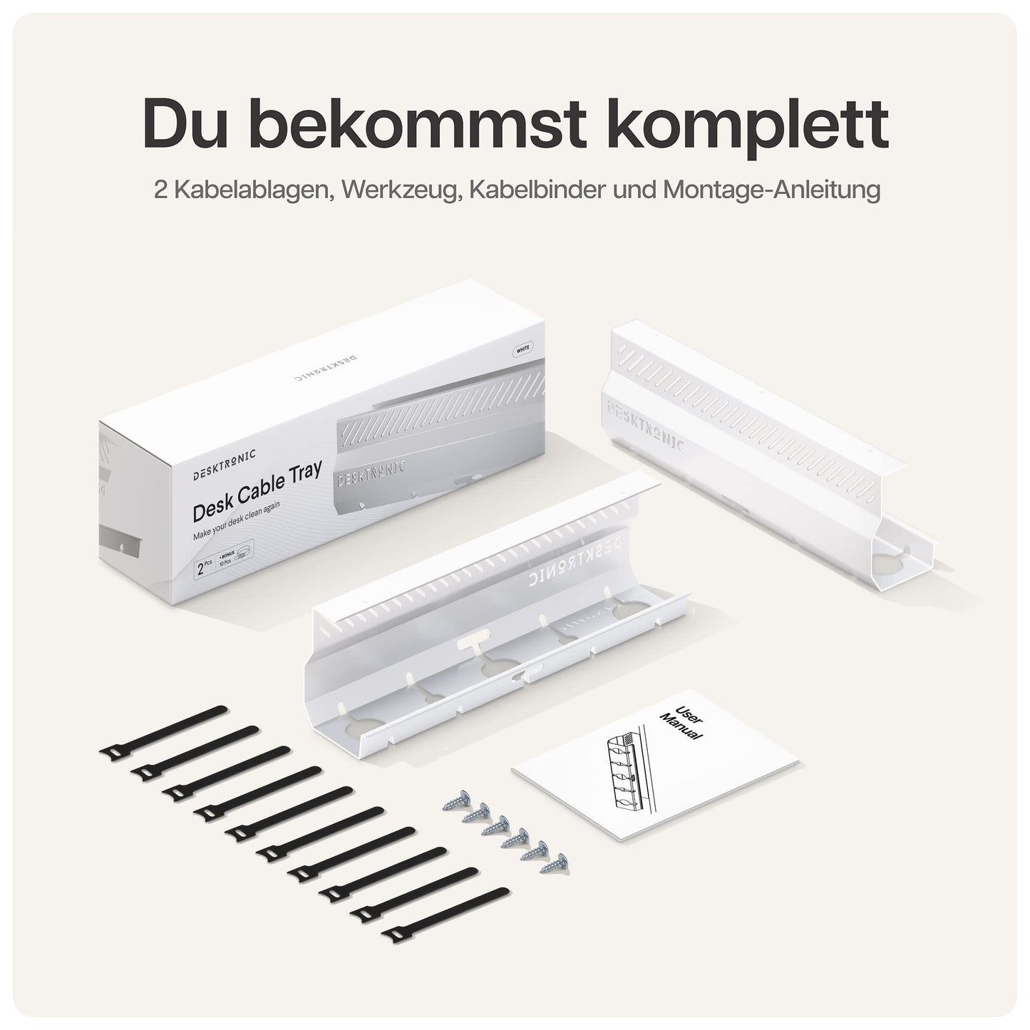 Kabelkanal Schreibtisch Weiß 2er Set - Edelstahl Kabelmanagement Schreibtisch Kabelkanal mit 5 Kabelausschnitten - Einfach zu Installierender Kabel-Organizer - Kabelhalter von Desktronic