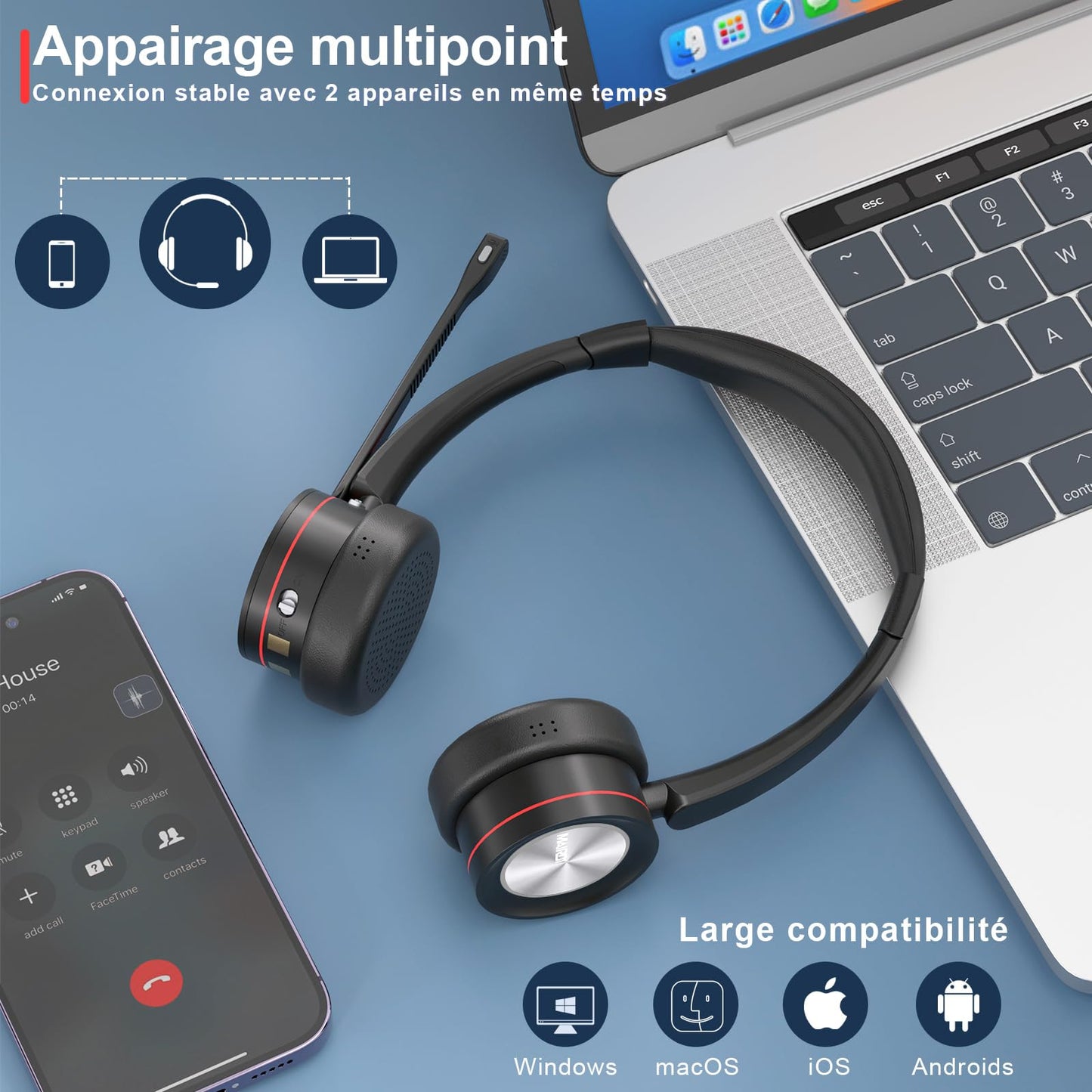 Mairdi Wireless Headset mit Mikrofon Noise Canceling, Stereo Bluetooth 5.2 Headset mit Ladestation, mit USB Bluetooth Adapter für Handy PC Call-Center Büro Zoom Microsoft Team Skype Chat