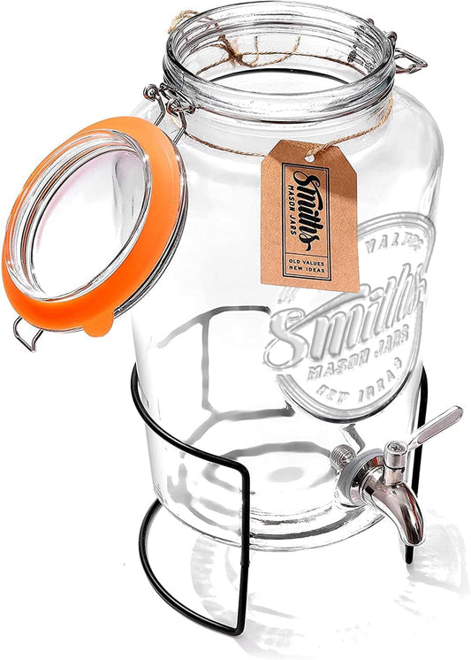 Smith's Mason Jars 5 Liter Getränke oder Wasserspender mit Edelstahl-Zapfenhahn, herausnehmbaren Netzfiltern und Metallständer | Ideal für Limonade, DIY Getränke, frisches Obst und Kräuter