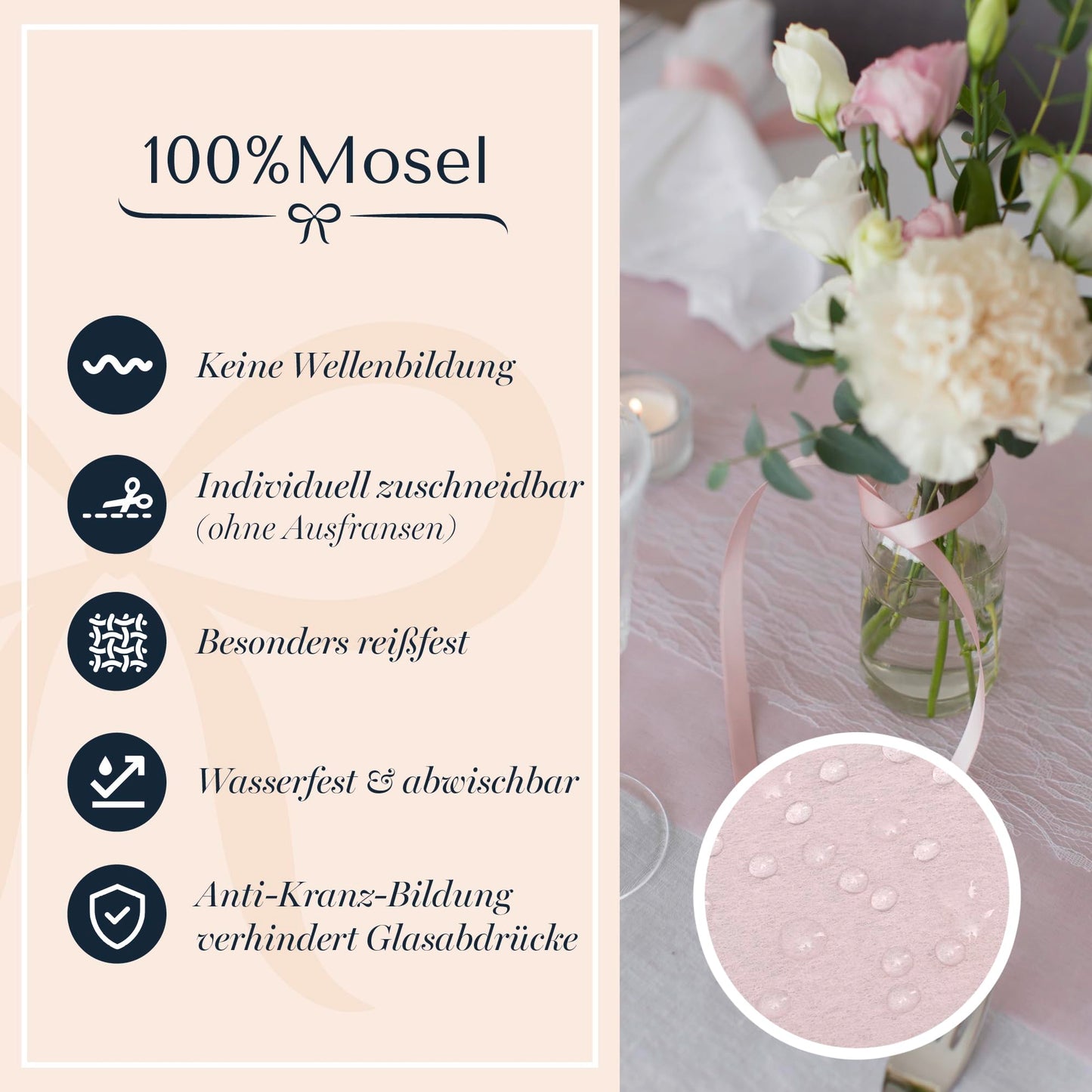 100%Mosel Vlies Tischläufer, in Blush Rosé (30 cm x 25 m), dekoratives Tischband, edle Tischdeko für Geburtstage & Hochzeiten, Bunte Dekoration zu besonderen Anlässen