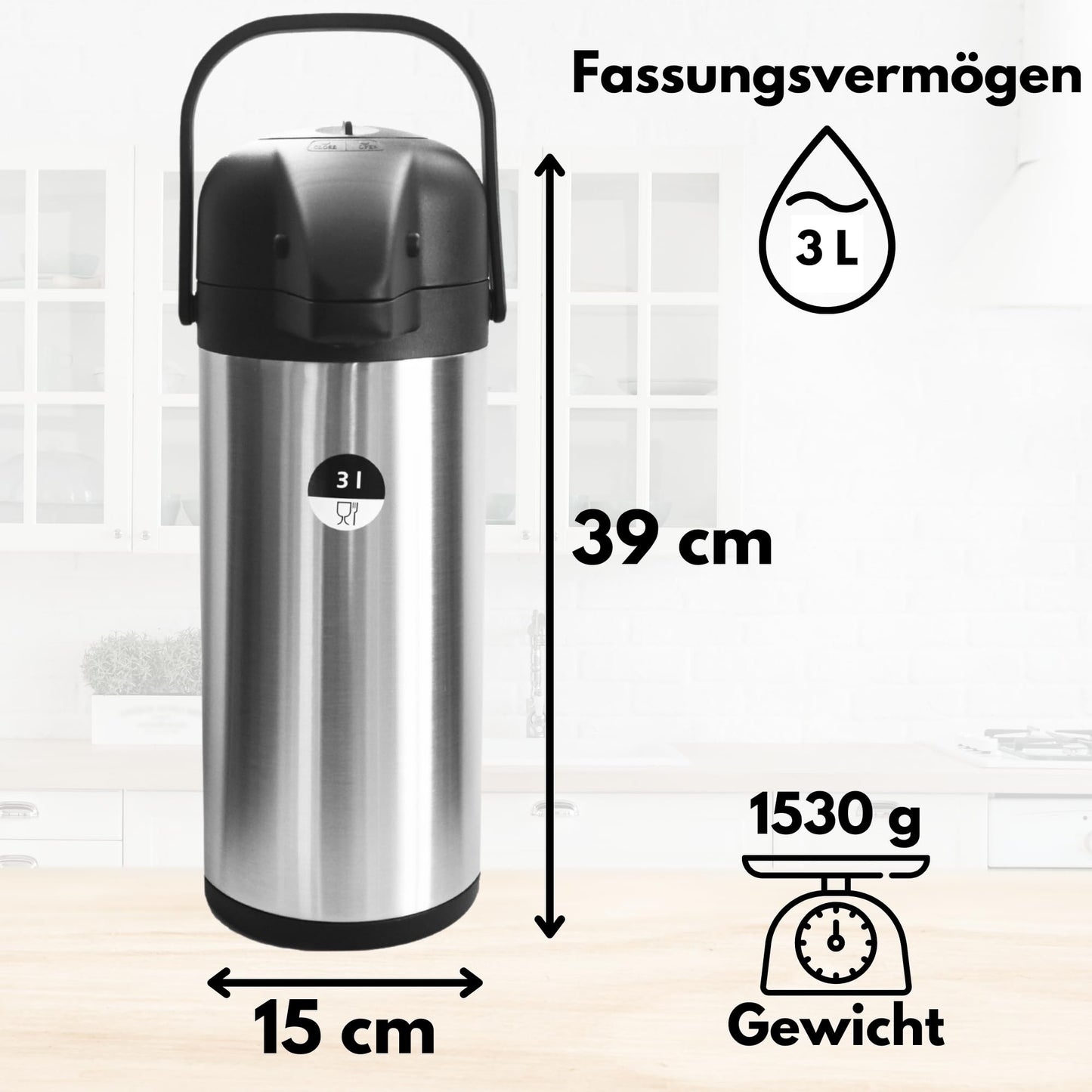 Airpot Pumpkanne 2,2l 3l oder 5l Isolierkanne Thermoskanne isolierte Kaffeekaraffe Kaffeekanne Gastro Kaffeespender auch für Camping aus Edelstahl & GRATIS-HLKauf-Block (3 Liter & 1x HLKauf-Block)