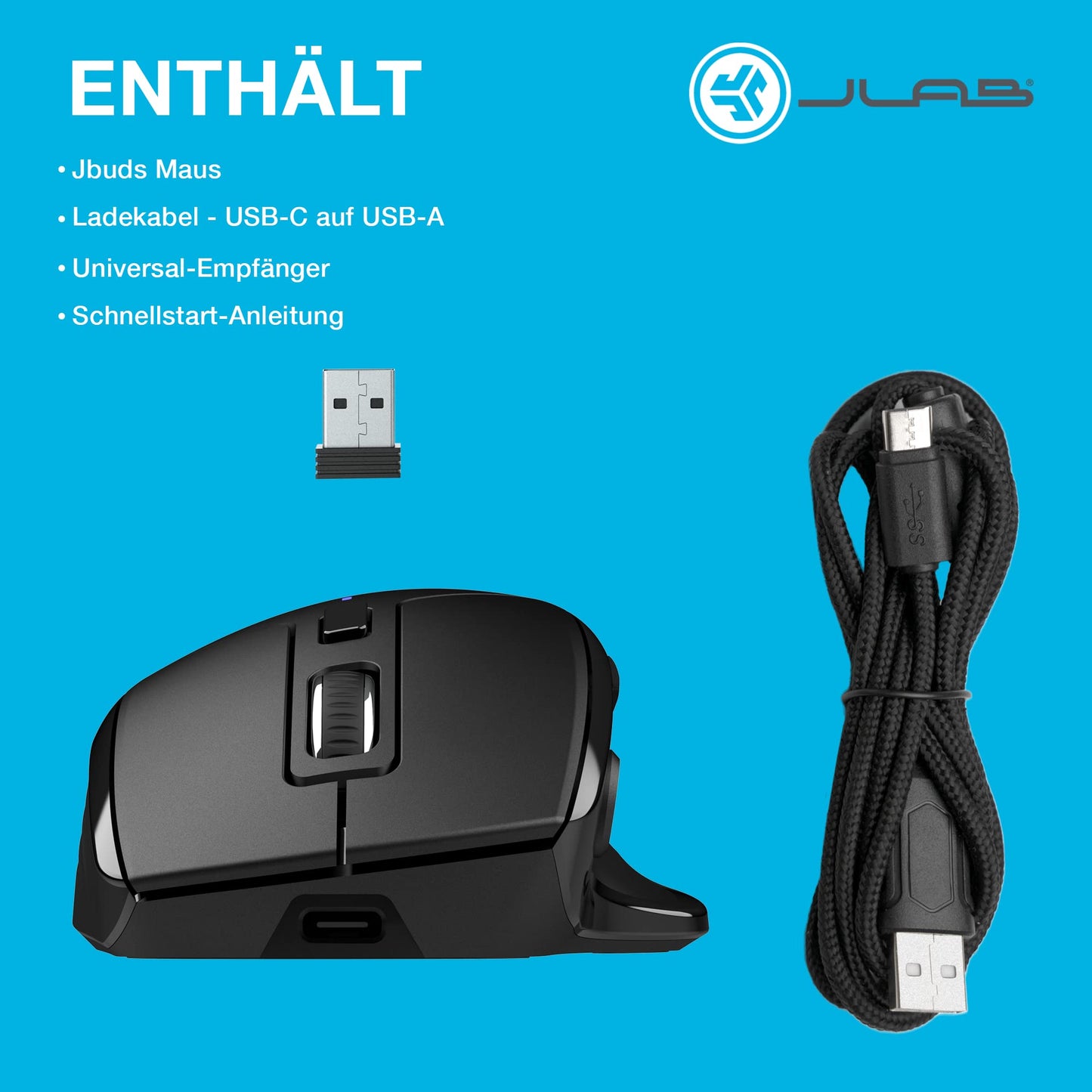 JLab JBuds Maus kabellos, Bluetooth Maus/Funkmaus wiederaufladbar - Wireless Silent Mouse, Tri Mode 5,2/5,2+2,4Ghz mit USB-Dongle - Ergonomische kabellose Maus für iPad, PC, Computer, Laptop, Tablet