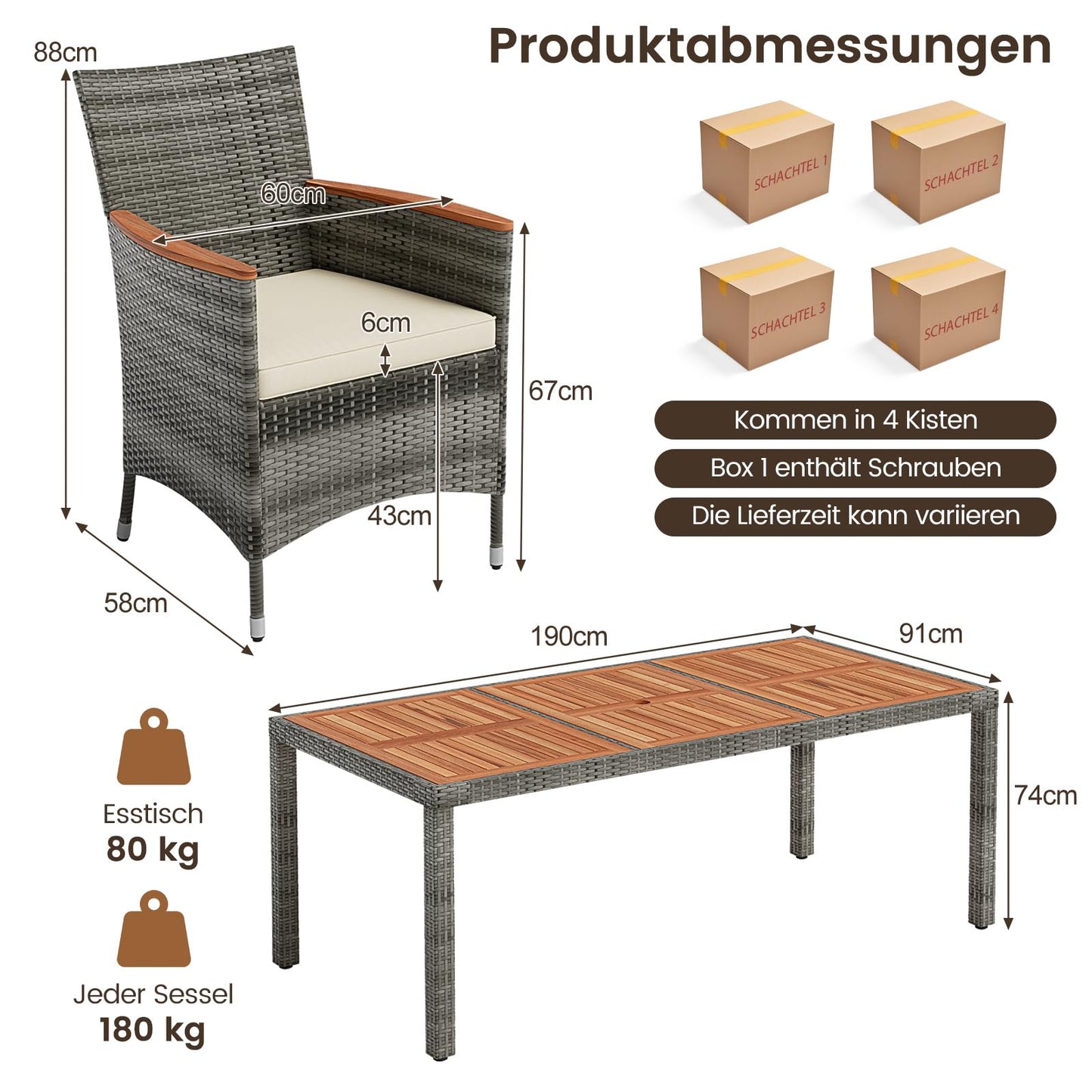 COSTWAY 9 TLG. Rattan Gartenmöbel Set, Sitzgruppe für 8 Personen, Gartentisch mit Tischplatte aus Akazienholz, 8 stapelbare Stühle & Kissen, Terrassenmöbel Set, Gartengarnitur, Sitzgarnitur, Essgruppe