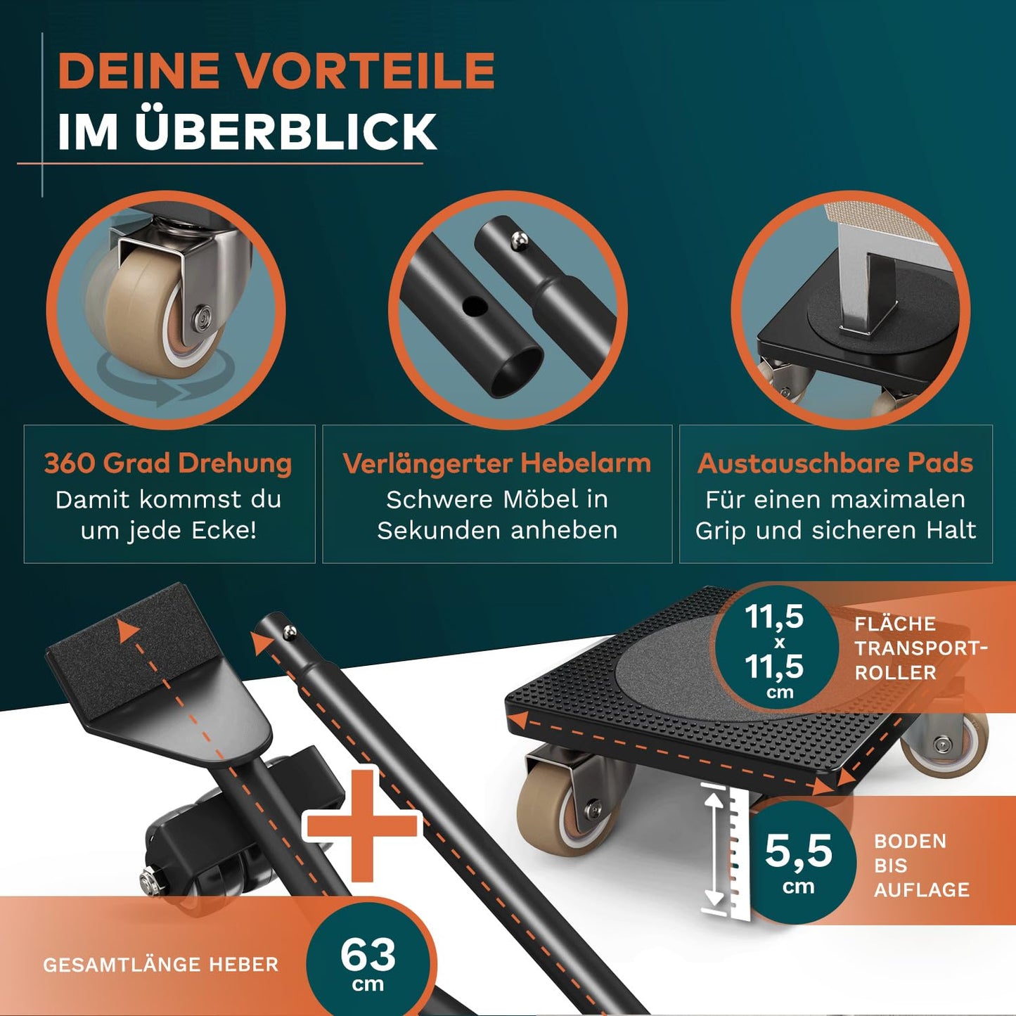 Der Innovative Möbelheber für schwere Möbel von FAIRMO - 4 Möbelroller und 1 Lastenheber (inkl. Anti RUTSCH Pads) - Schonende Transportrollen aus TPE (Standard: Ohne Bremsen)